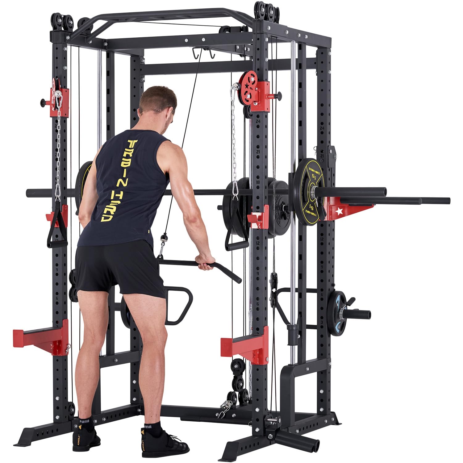 Train Hard® Smith Maschine Power Rack Multipresse Kraftstation, Beinpresse, Klimmzug, Latzug, Dip Bar, Rudern, Langhantel und Zubehör Modell 2024