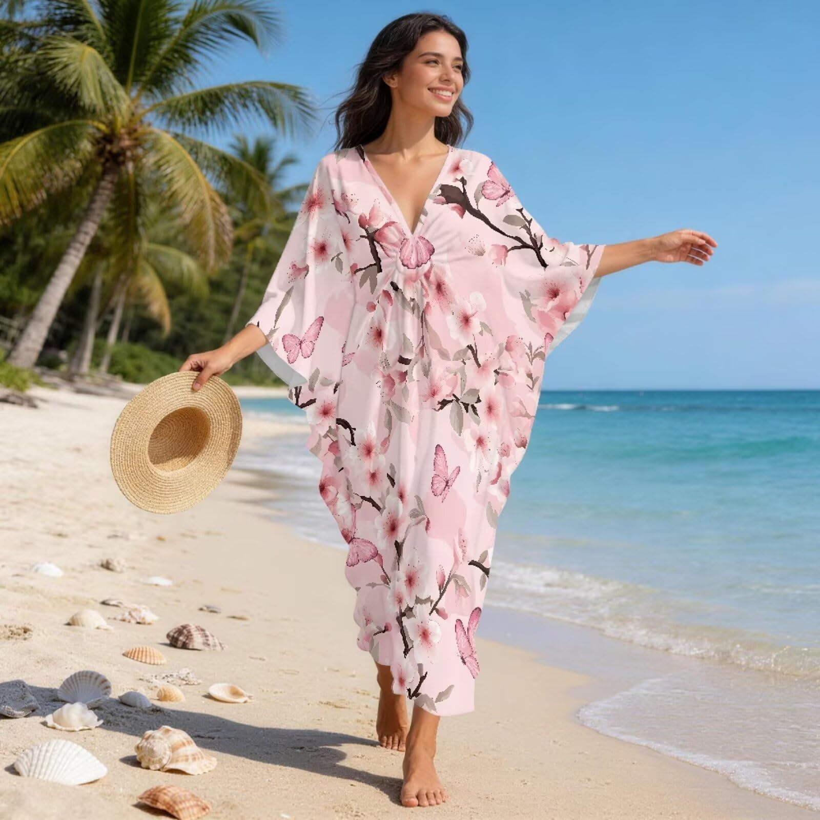Poceacles Damska sukienka kaftan plus size strój kąpielowy okrycie kąpielowe rękaw nietoperz letnia długa kawiarniana plażowa okrycie maxi sukienka