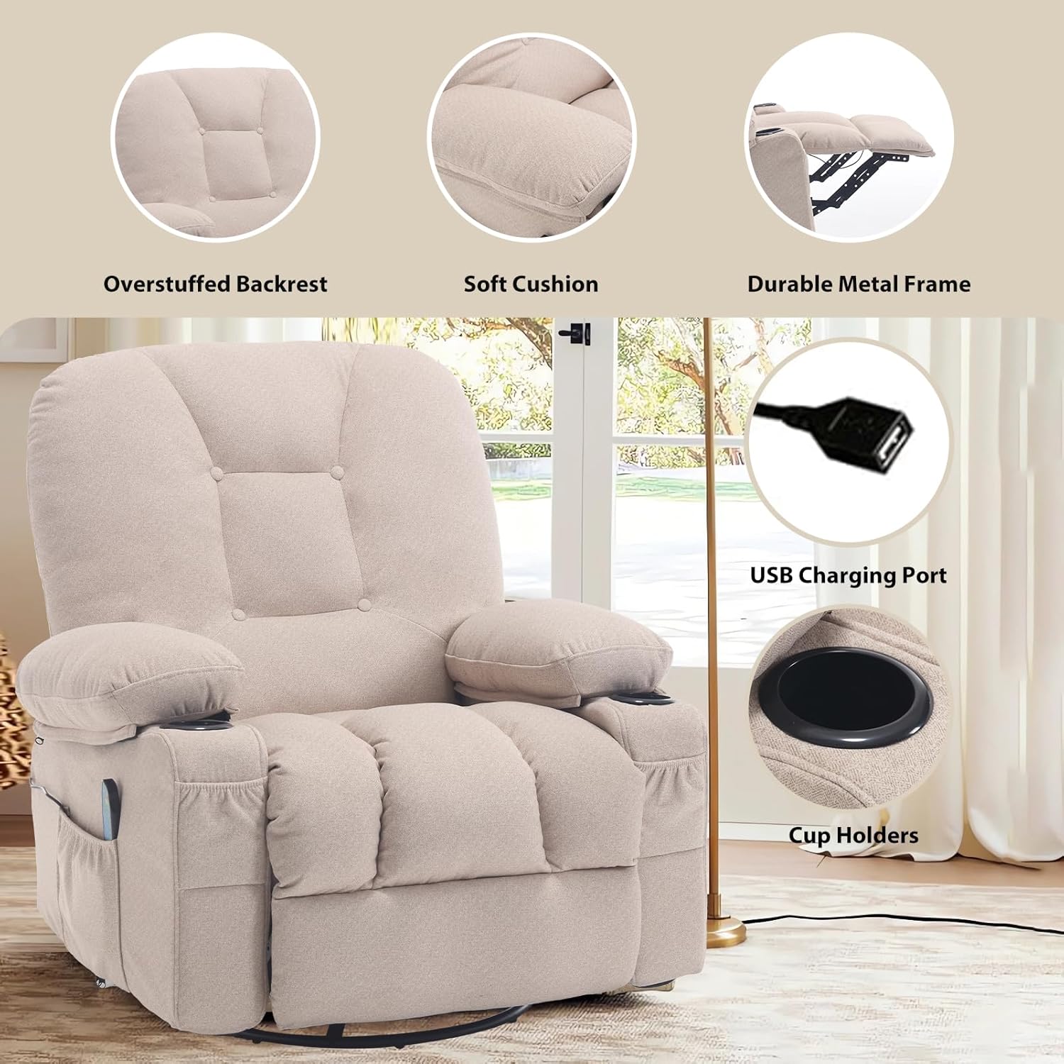Rocker Recliner Chair with Massage and Heat, Oversized Rocking Nursery Recliners Chair Overstuffed Swivel Glider with Cup Holder, Fabric Manual Single Sofa for Living Room, Beige
