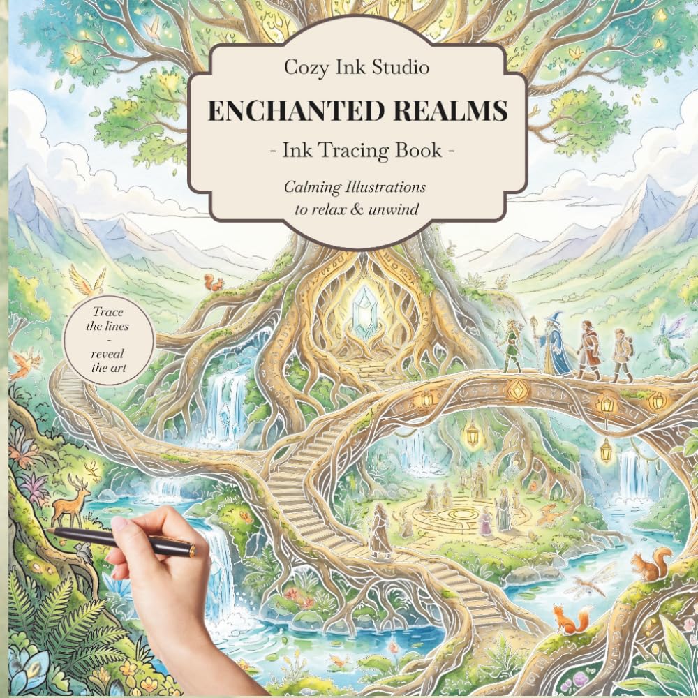 Enchanted Realms: A Cozy Fantasy Ink Tracing Book with Magical Worlds, Hidden Forests, Mythical Creatures and Relaxing Fantasy Scenes