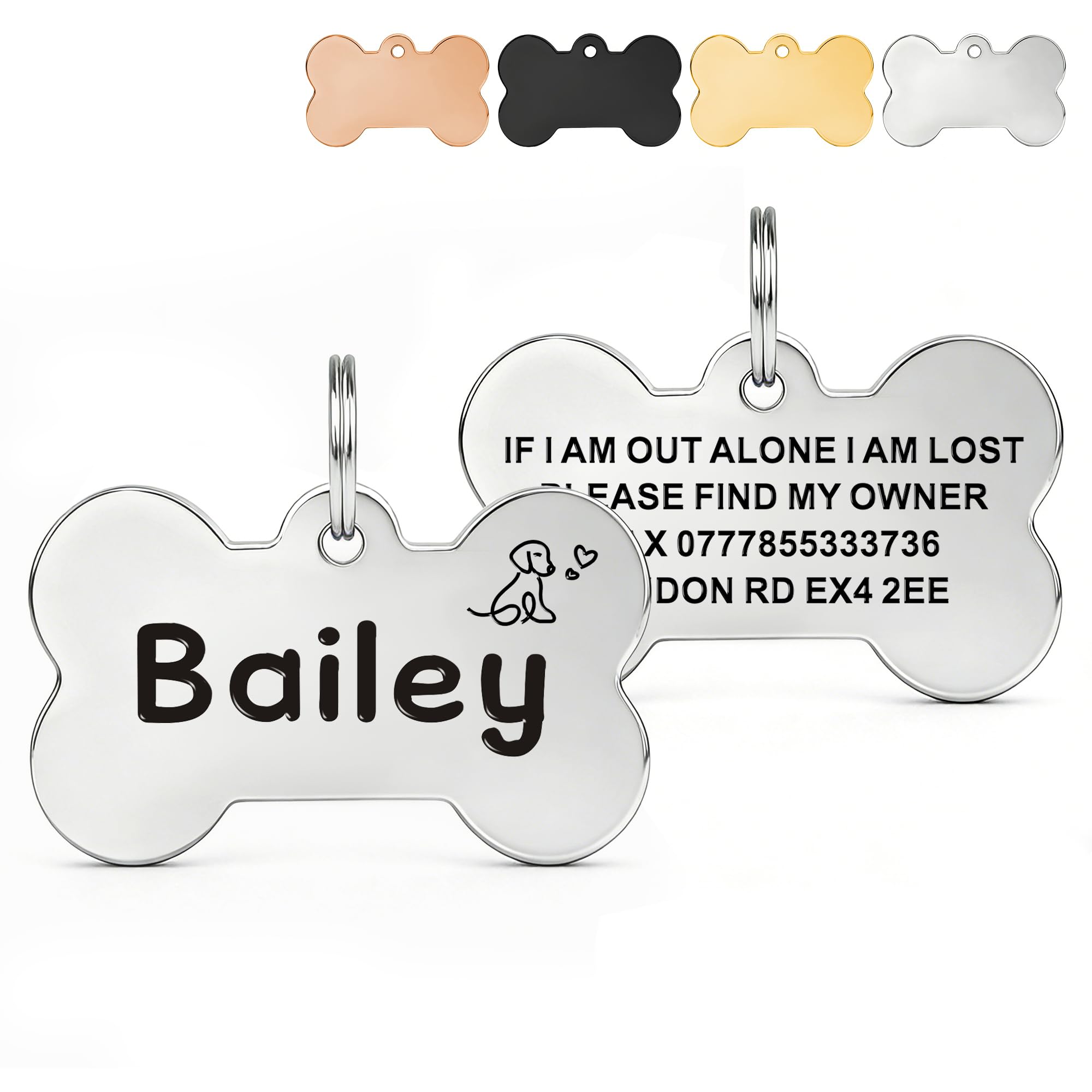 Deep Engraved Dog Tags for Pets UK Prime, Personalised Cat Dog Name ID Tags, Stainless Steel Pet Tag for Doggy Kitten Kitty Puppy, Scratch Resistant Tag (Silver Bone, L)