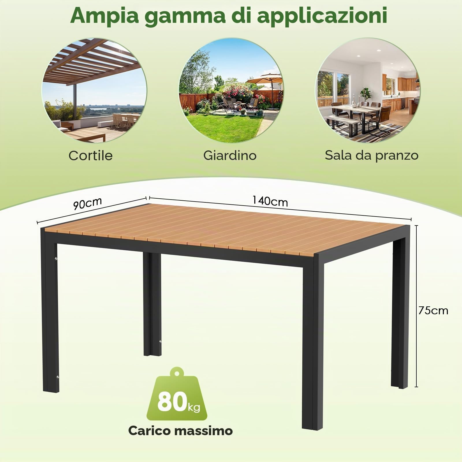 LIFERUN Tavolo da giardino grande, resistente alle intemperie, 140 x 90 x 75 cm, in alluminio, con piano in WPC, tavolo da pranzo rettangolare, per 6 persone, robusto giardino, terrazza, balcone