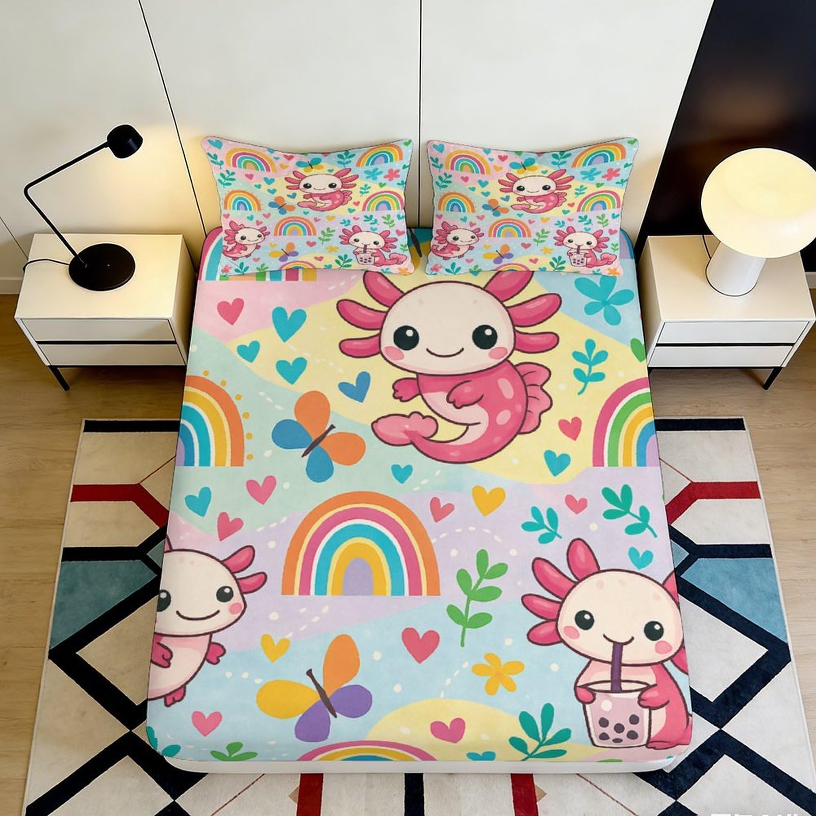 3D Printed Rainbow Axolotl Fitted Sheet Microfiber Deep Pocket Non-Slip Bedding Rainbow Axolotl Mattress Fitted Cover Washable 90x200x25cm