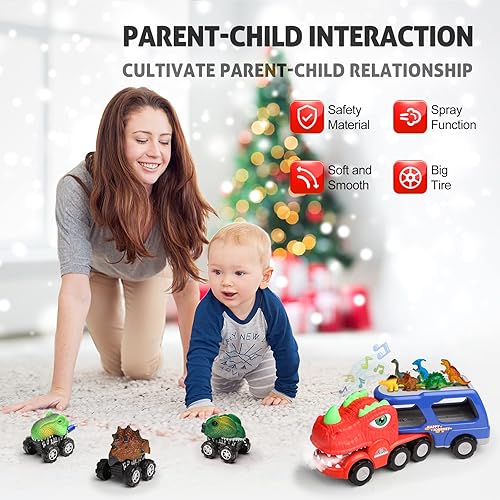 Miniatura 3 de Hot Bee Juguetes para niños pequeños de 1, 2, 3, 4, autos de juguete de dinosaurio para niños de 3 a 5 años, camión de transporte de dinosaurios con