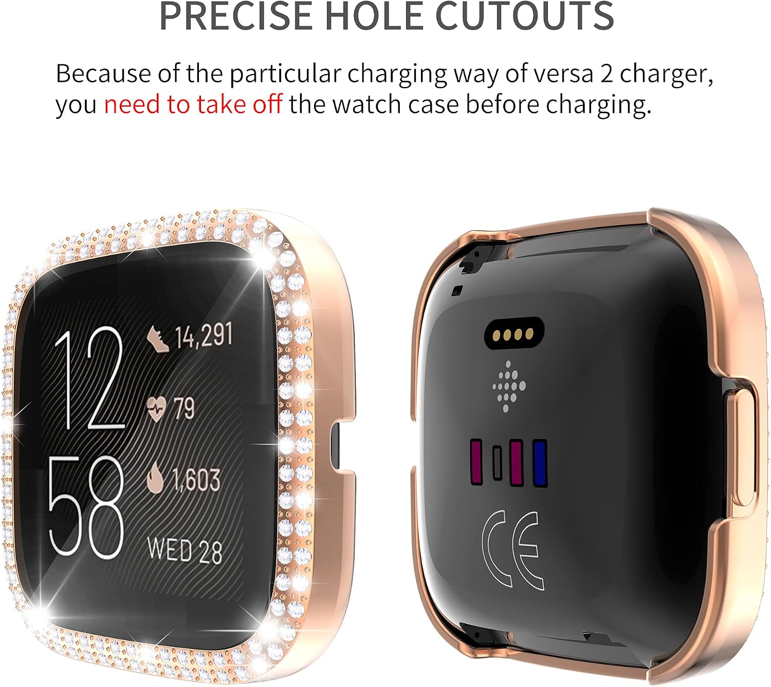 RICHONE Compatible with Fitbit Versa 2 Case, Bling Diamonds Cover with 3D Tempered Glass Screen Protector (Versa 2, Rose Gold)