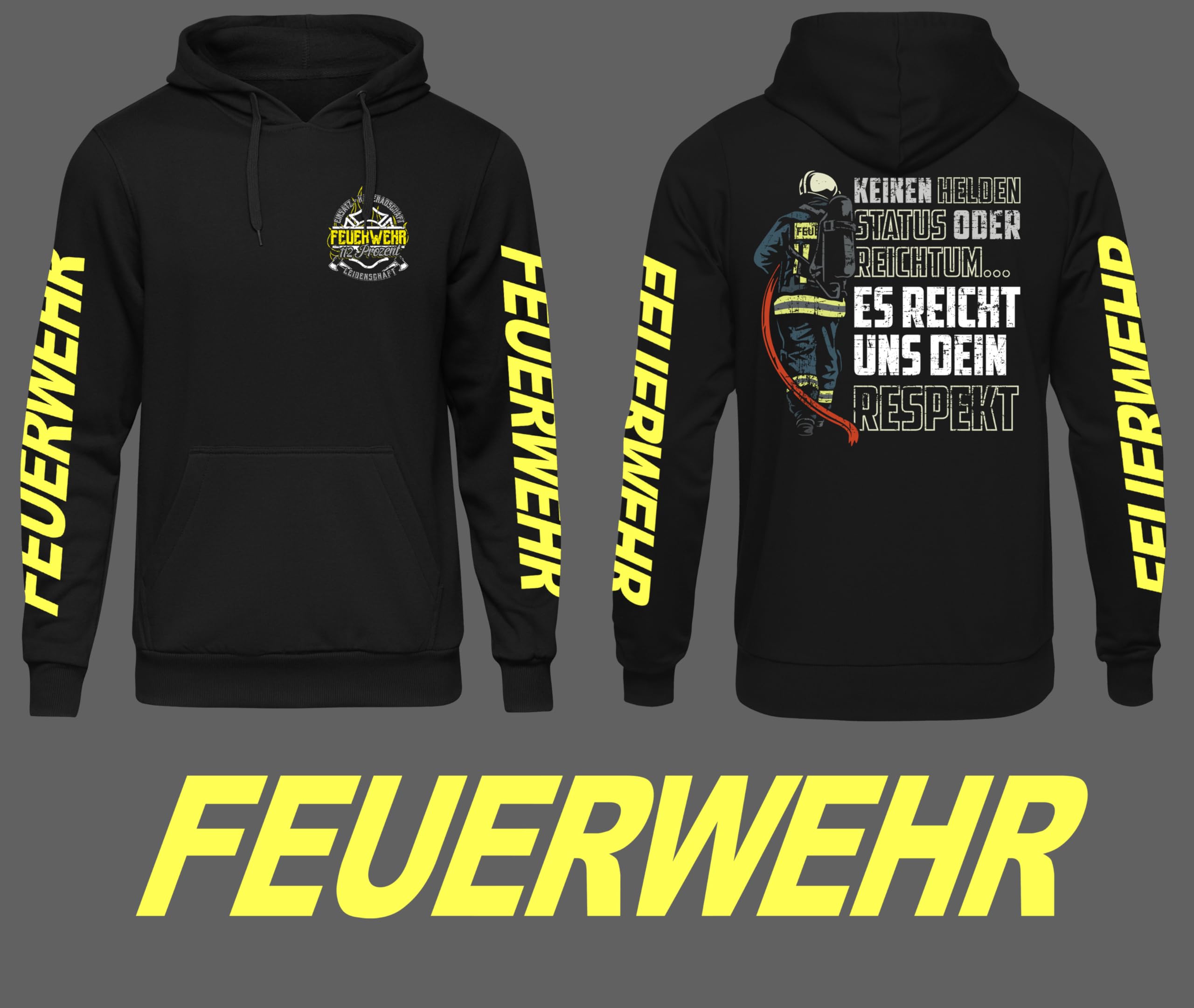 UGLYSHIRT Feuerwehr Herren Kapuzenpullover | Feuerwehr Geschenke FFW Pullover Feuerwehrmann Held Hero 112 Freiwillige Feuerwehr Hoodie | M30 Ärmeldruck Schwarz