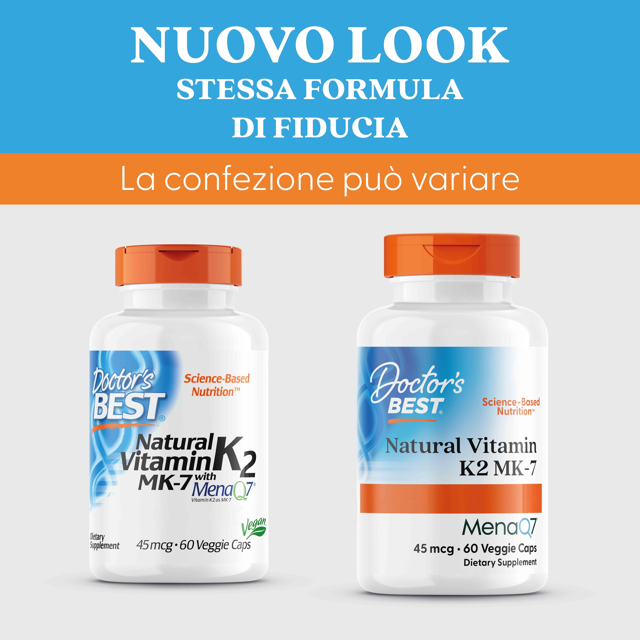 Doctor's Best, Natural Vitamin K2, MK-7 con MenaQ-7, 45mcg, 60 Capsule vegane, Testato in Laboratorio, Senza Glutine, Senza Soia, Vegetariano