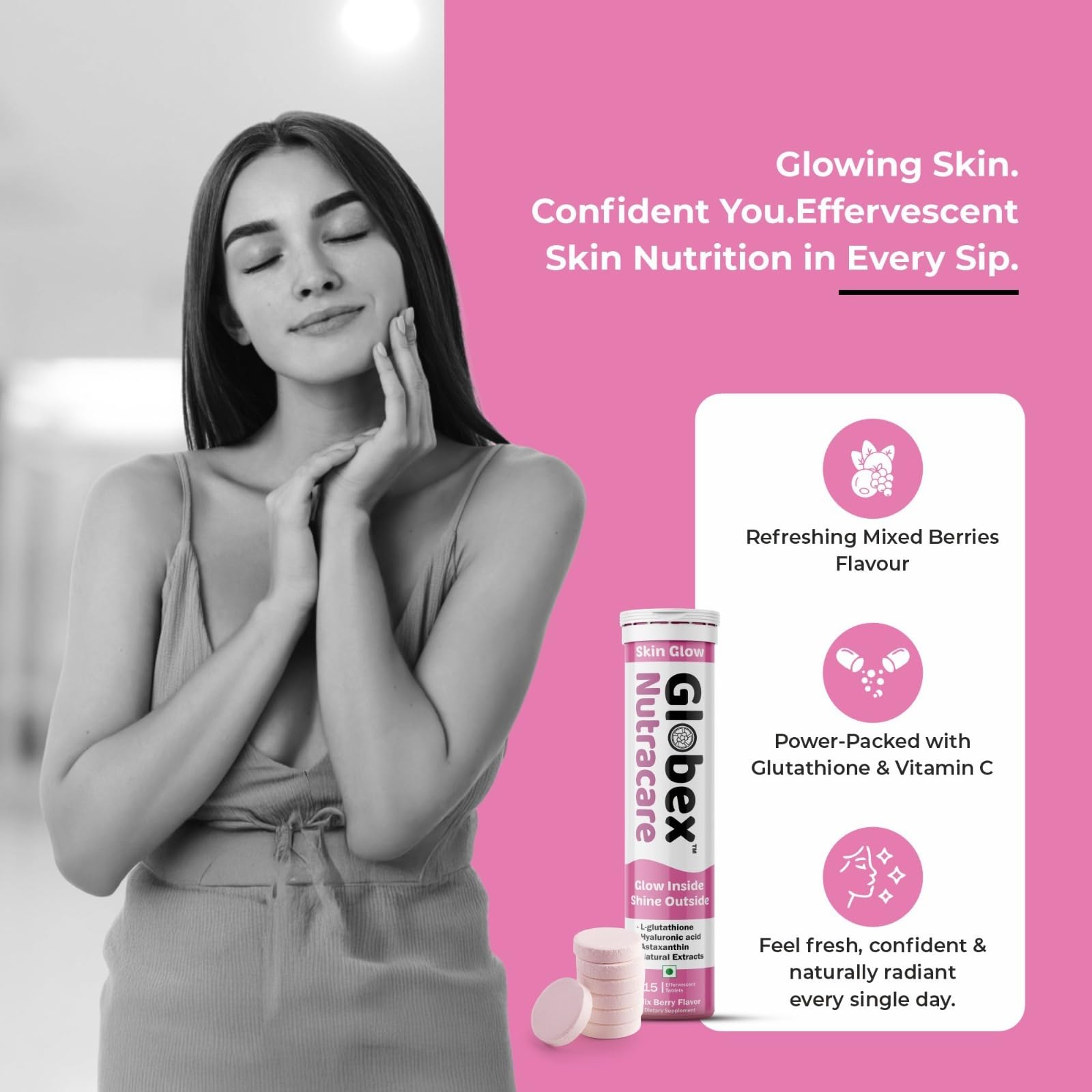 Skin Glow Effervescent Tablets | 30 Tabs | 500mg L-Glutathione, Vitamin C, Biotin, Astaxanthin & Hyaluronic Acid | Skin Hydration | Sugar Free, Mixed Berry Flavor — Amazon image 4