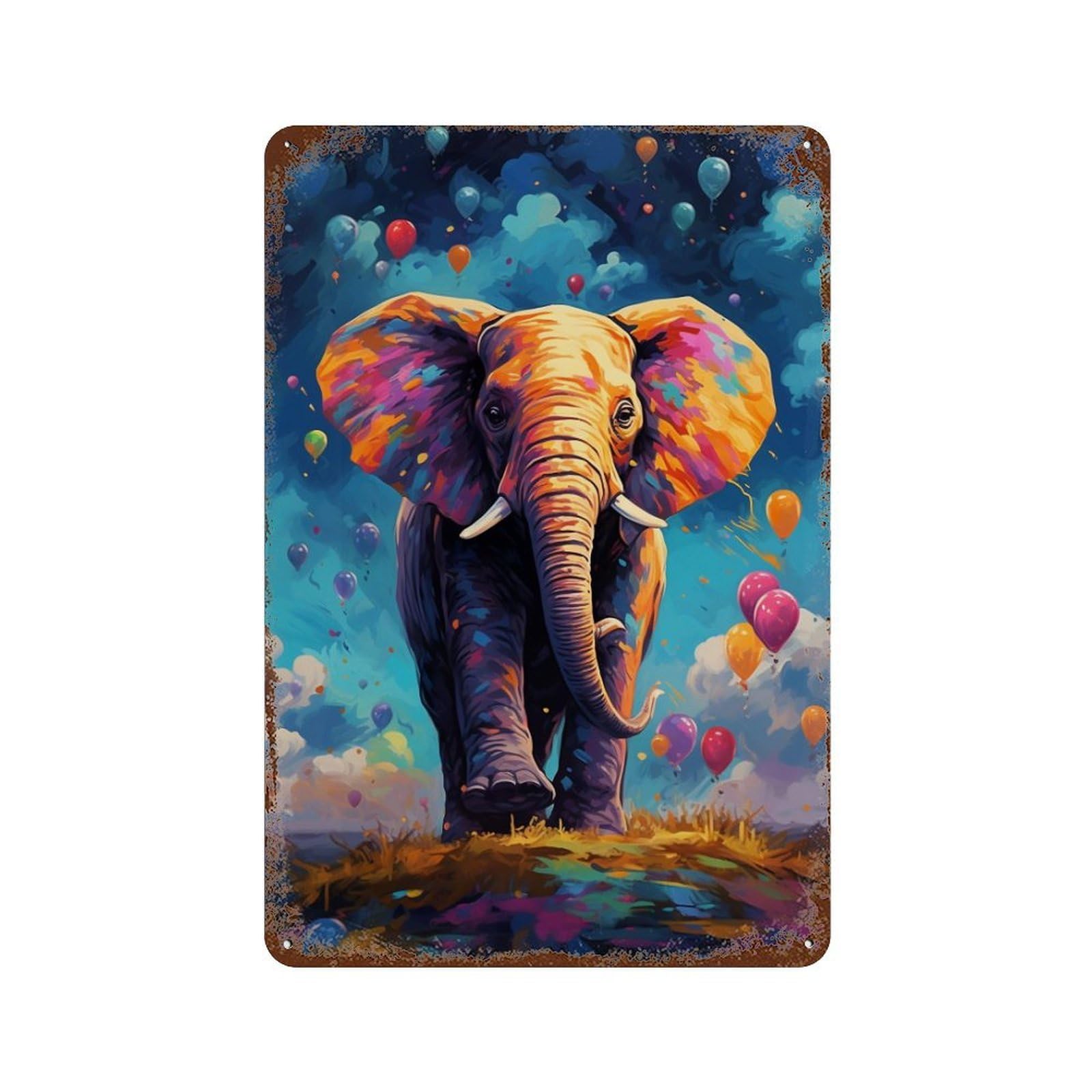Vintage Rust Metal Sign Colorful Elephant Balloons Painting 11.8"x7.9", Old School Wall Decor for Office, Studio And Wall Decor