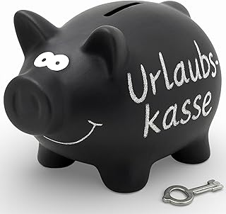 MIJOMA Keramik Sparschwein mit beschreibbarer Oberfläche, Schloss mit Schlüssel, ca. 16 x 12 cm, schwarz matt
