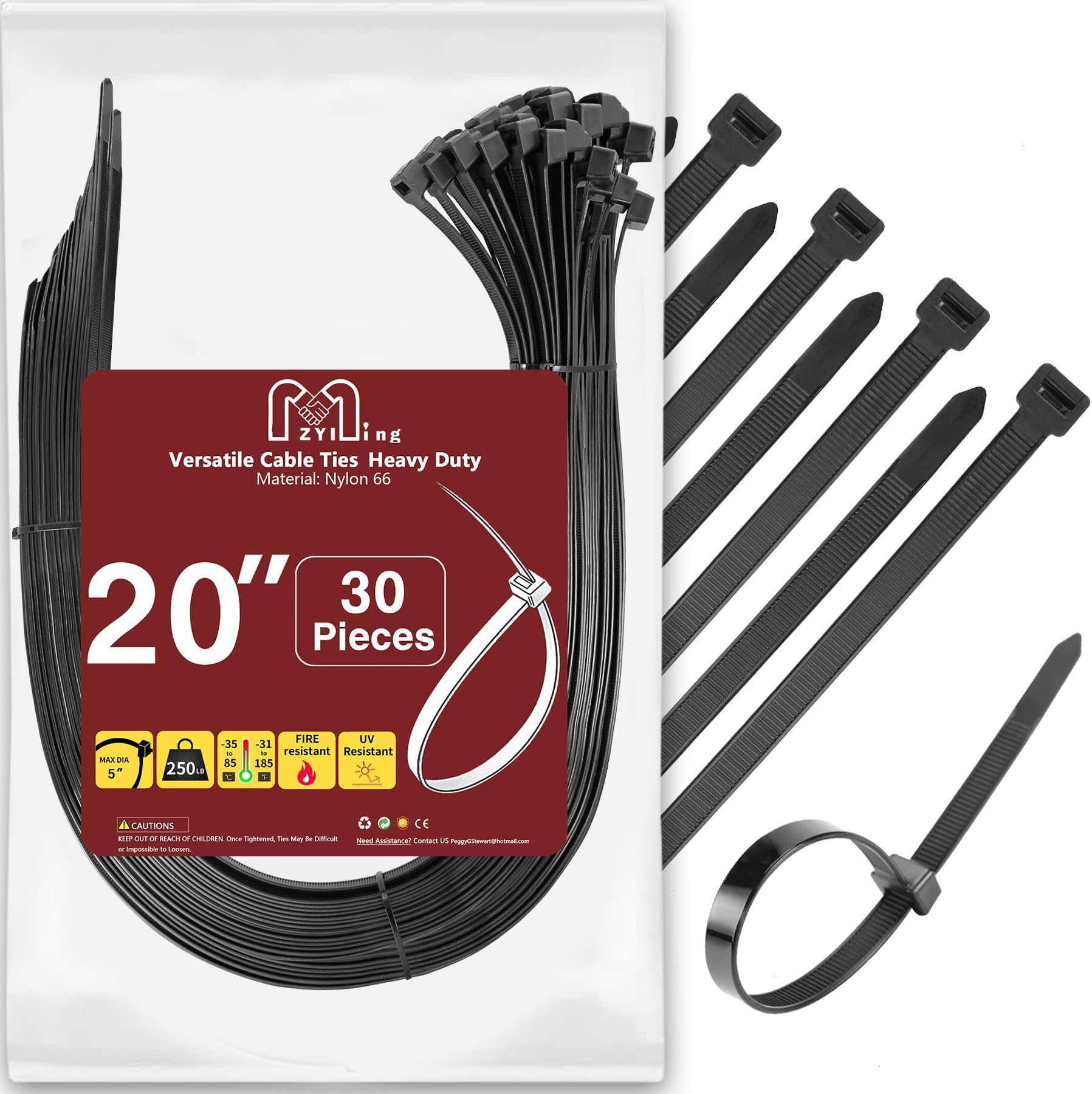 Long Cable Ties 500mm 20 Inch Zip Ties Heavy Duty 12.4mm Strong Wire Ties Zip Tie Wraps 50cm Plastic Ties for Gardening, Cable Managment 30Pcs Large Cable Tie Black
