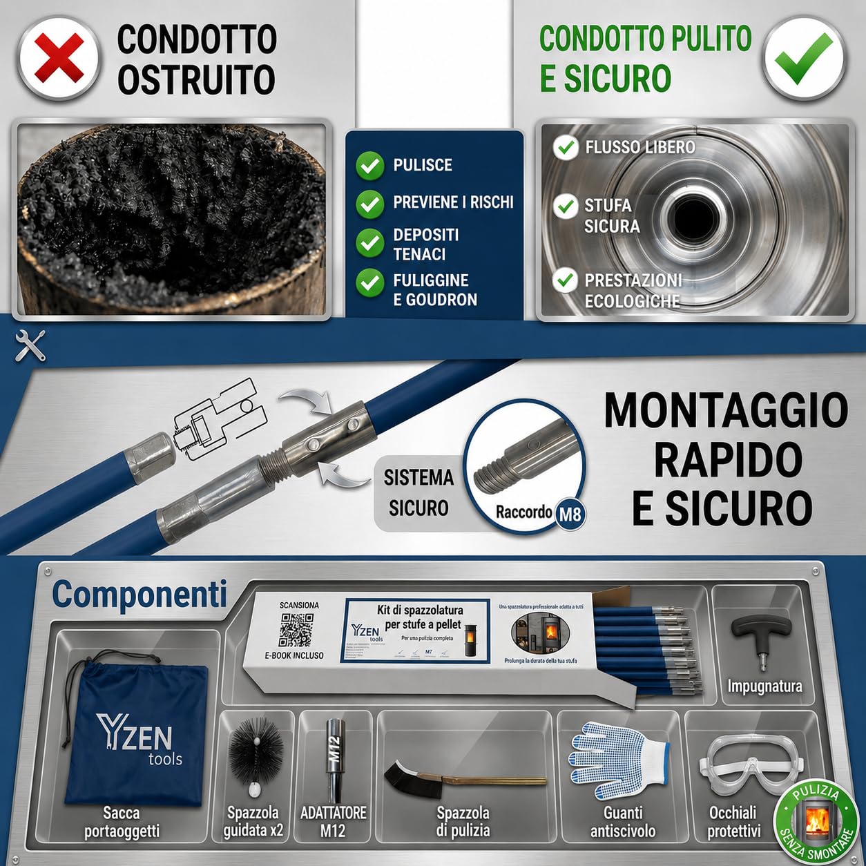 Kit pulizia stufa a pellet 9 m PROKIT + E-book, scovoli 80/100 mm, 15 aste flessibili, adattatore M12, guanti antiscivolo, occhiali, borsa e spazzola