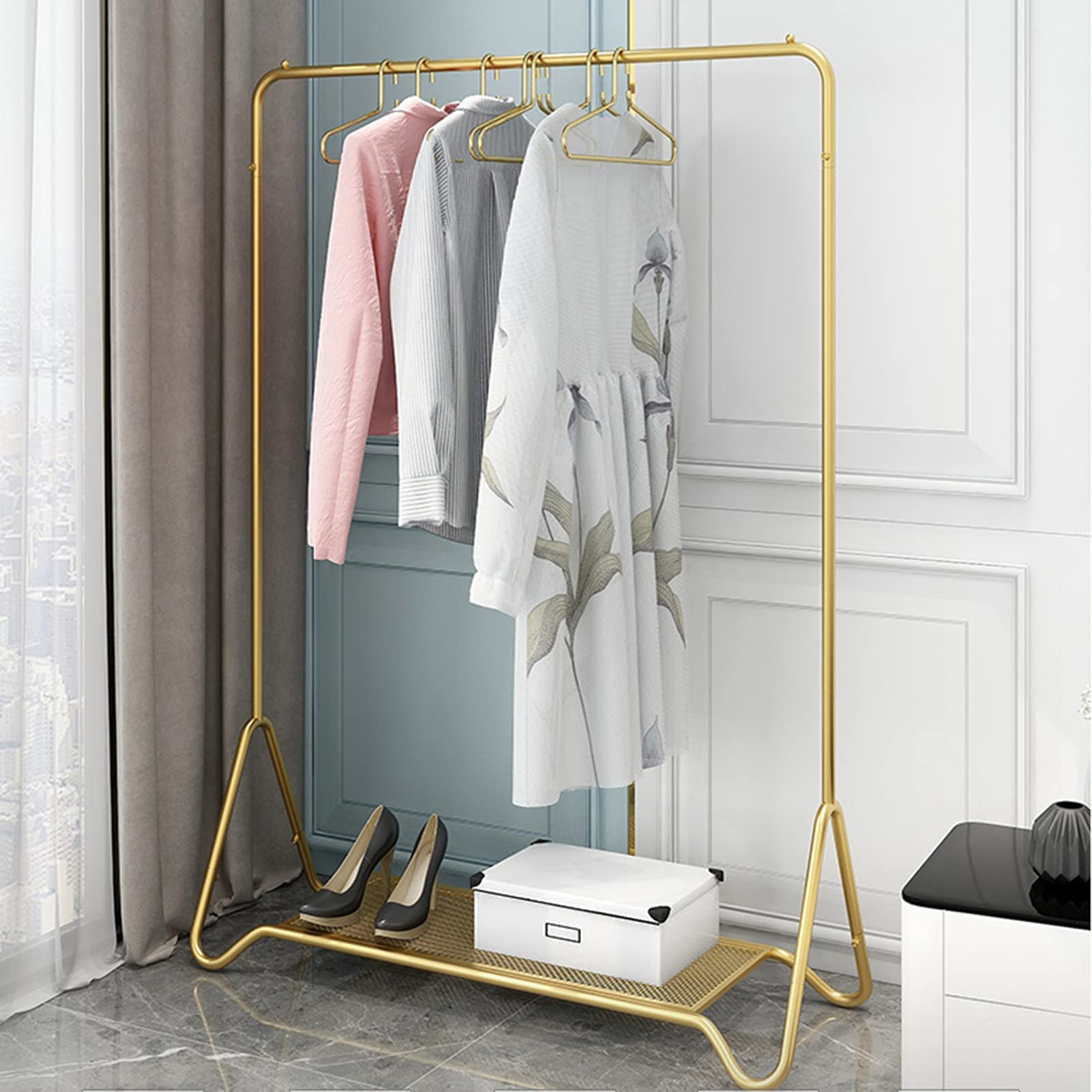 Kleiderständer Wäscheständer Nordic Fashion Metall Kleiderständer Freistehend Einzelstange Schlafzimmer Kleiderständer Mit Ablage Für Boxen Schuhe,3 Größen (Größe:100x40x150CM,Farbe:Gold)