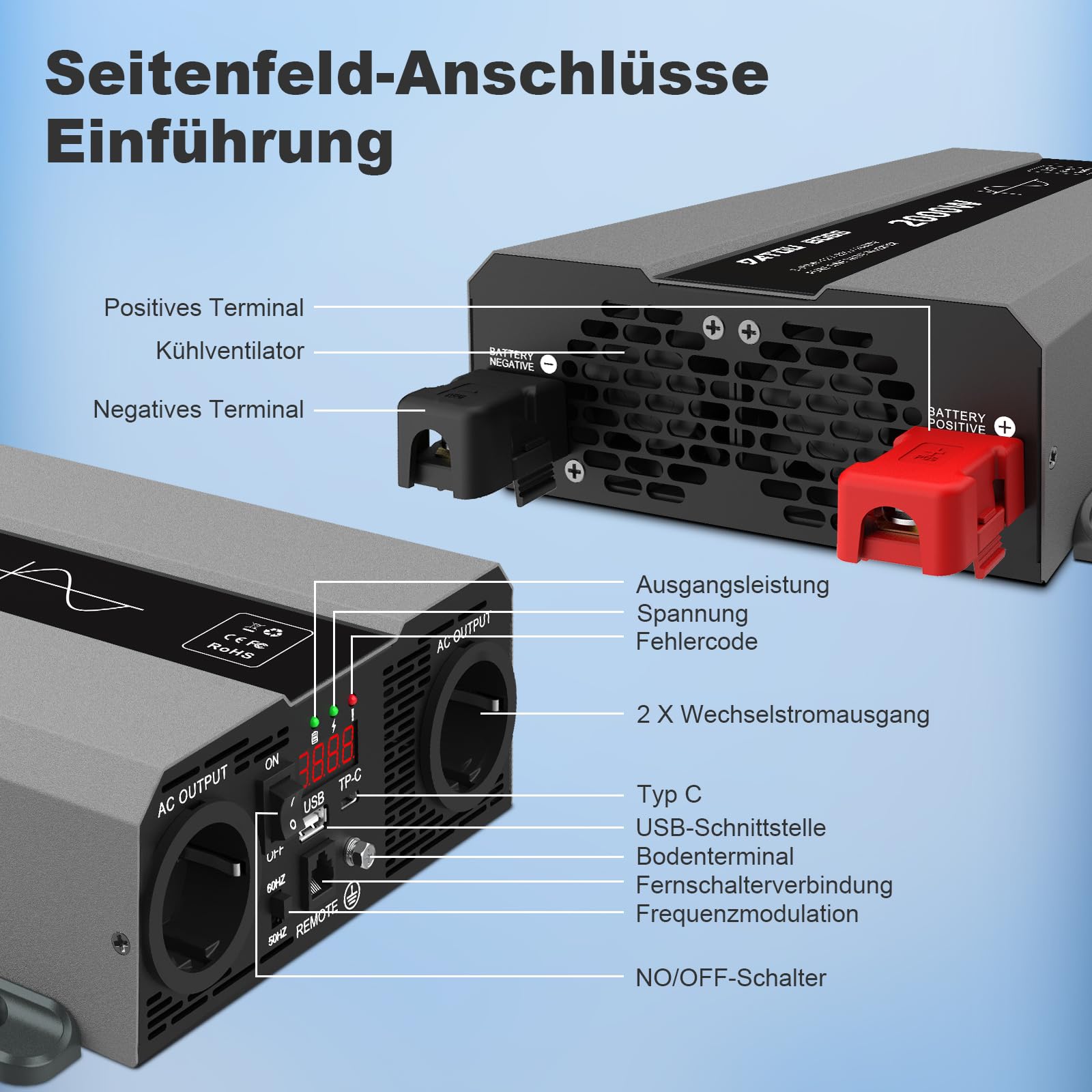 DATOUBOSS Wechselrichter 2000W 24V auf 230V, Reiner Sinus Spannungswandler, Power Inverter mit 2 AC-Steckdosen, USB & USB-C-Anschluss,LCD-Anzeige, 4000W Spitzenleistung für Wohnmobil, Solaranlage, Kfz