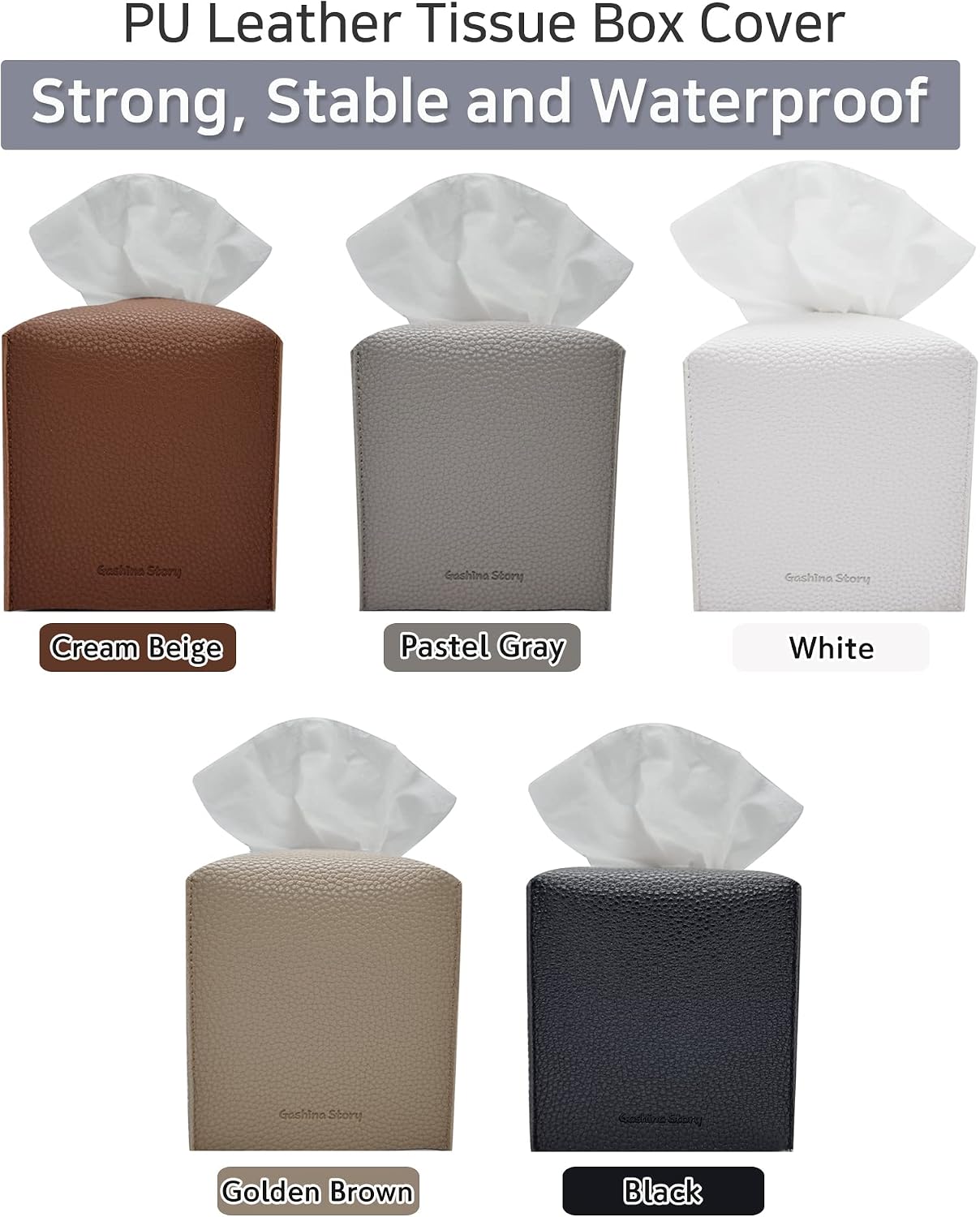 Gashina Story Non-Falling Tissue Box Cover - Premium PU Faux Leather Kleenex Holder - 5"X5"X5" Square Decorative Organizer for Car, House, Bathroom - White