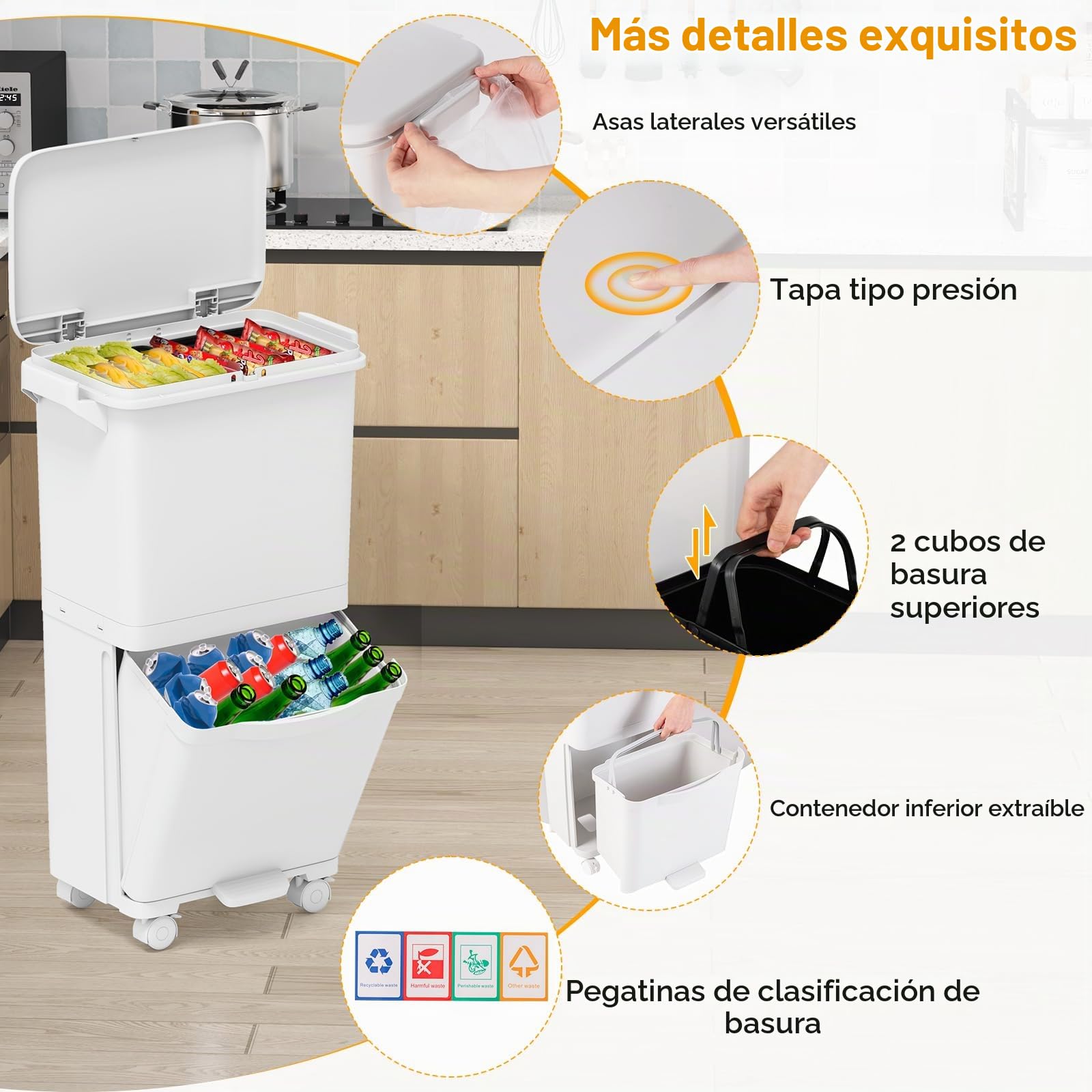 GIANTEX Cubo de Basura de Cocina 36 L, Papelera de Reciclaje con 3 Compartimentos, Pedal, Tapa y Ruedas, 3 Cubos Extraíbles, 42x29x74cm, Contenedor PP para Comedor, Oficina, Baño