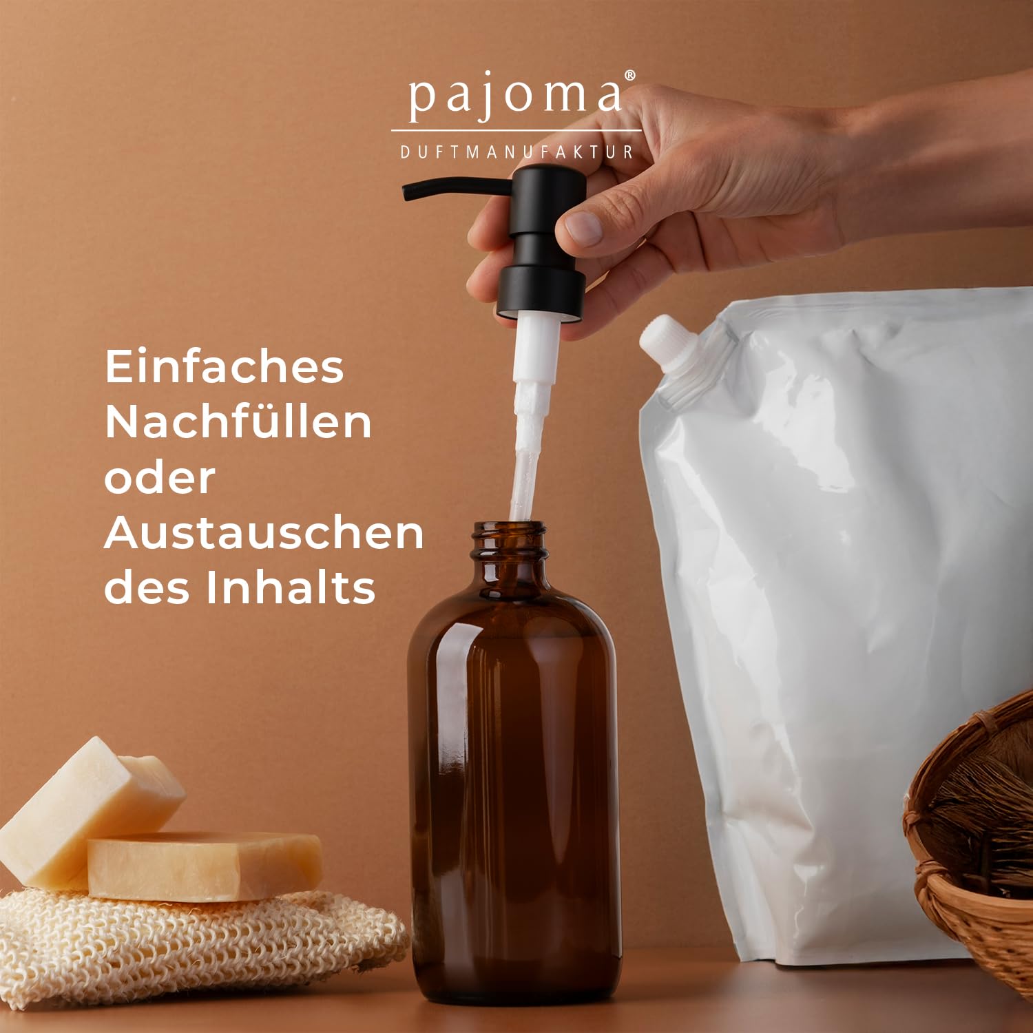Pajoma 8X Seifenspender 500 ml aus Glas - Braunglasflasche | Ø 8.5 x 21 cm - mit schwarzem Pumpkopf | Stilvoller Spülmittelspender, Handseifenspender & Pumpspender - ideal für Küche, Bad und Dusche