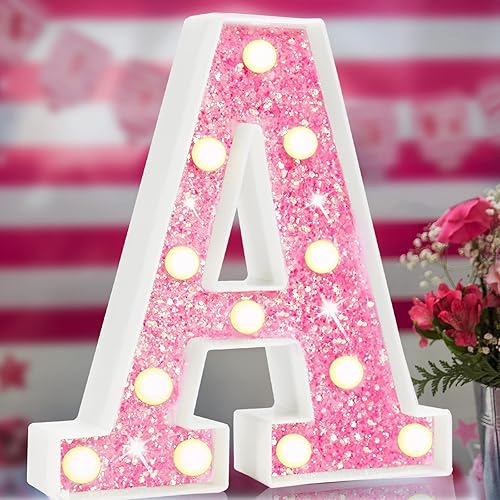 Vista 57 de Letras rosadas iluminadas, letras del alfabeto con purpurina, letras LED de marquesina, que funcionan con pilas, para iluminar por la noche