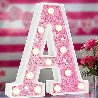 Light Up Letters, Glitter Alphabet Letter Sign Pink LED Marquee Letter Lights Battery Powered for Night Light Girls Bedroom Birthday Party Wedding Home Christmas Decorations Gift for Her-Pink A