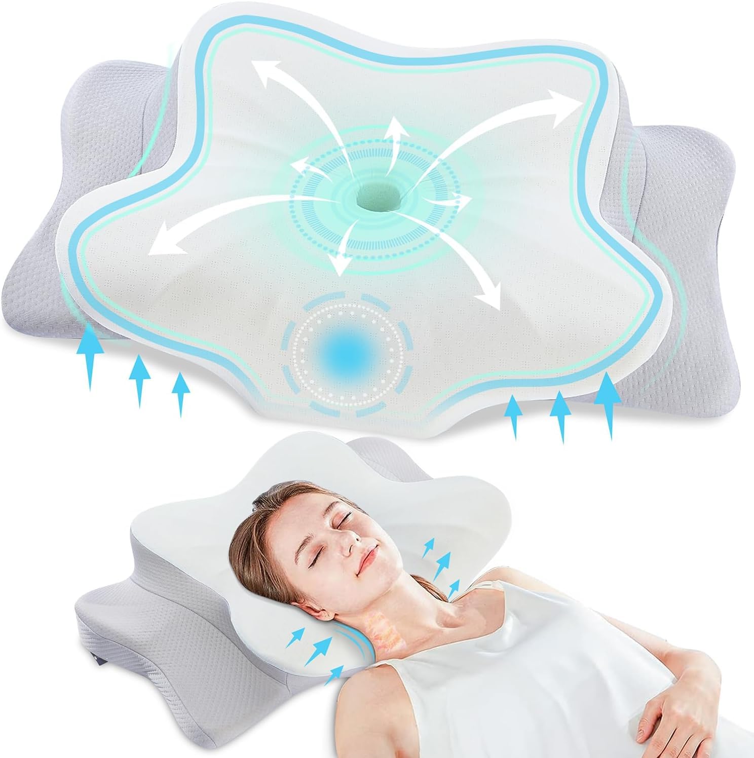 DONAMA Cuscino Cervicale Memory Foam Ergonomico 2 Altezze Rinfrescante | Cuscino ergonomico 63×38×14 cm, traspirante, federa lavabile, per tutte le posizioni
