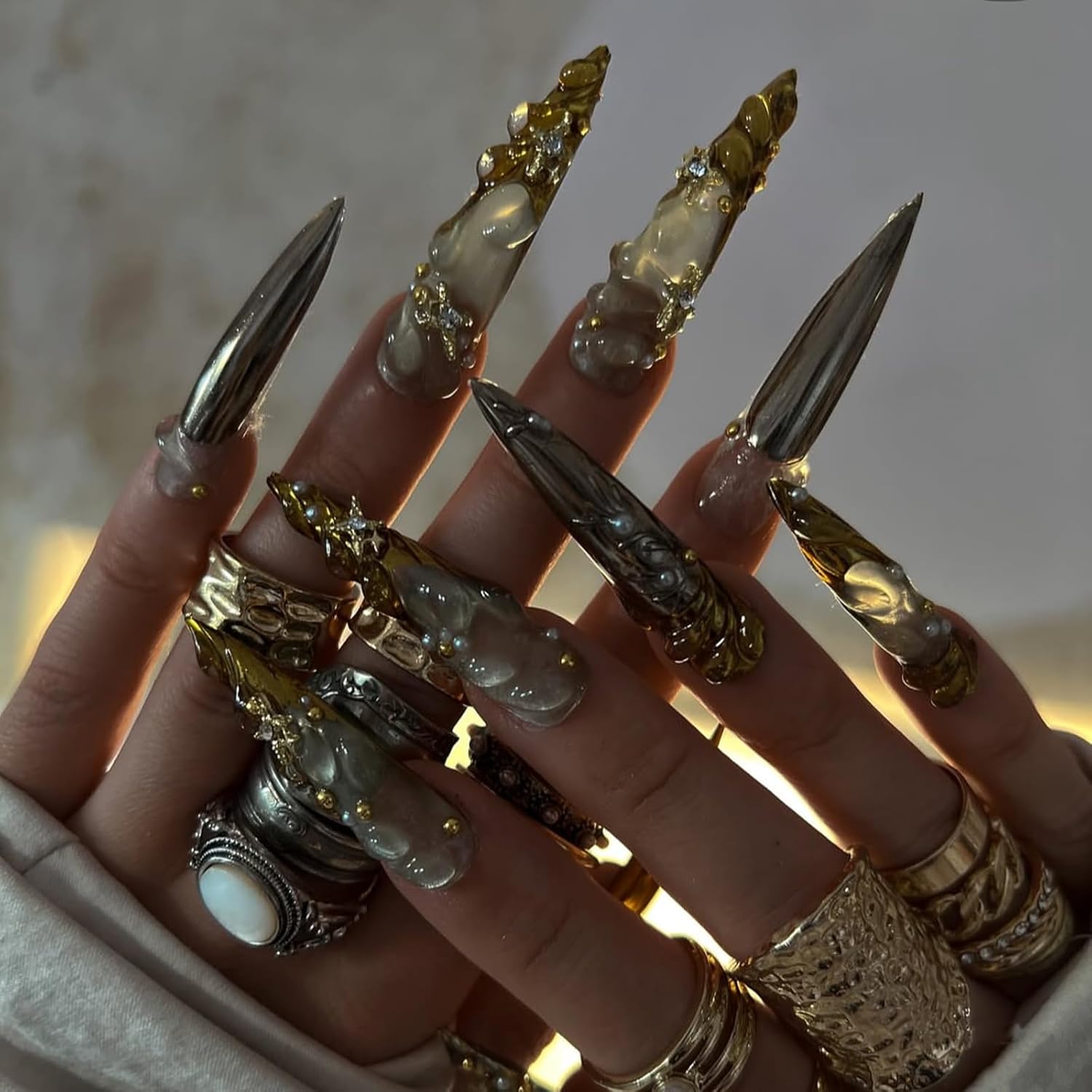 170 Pcs 3D Silver and Gold Y2K Nail Charms with Stars for Nail Art Decoration - Image 6