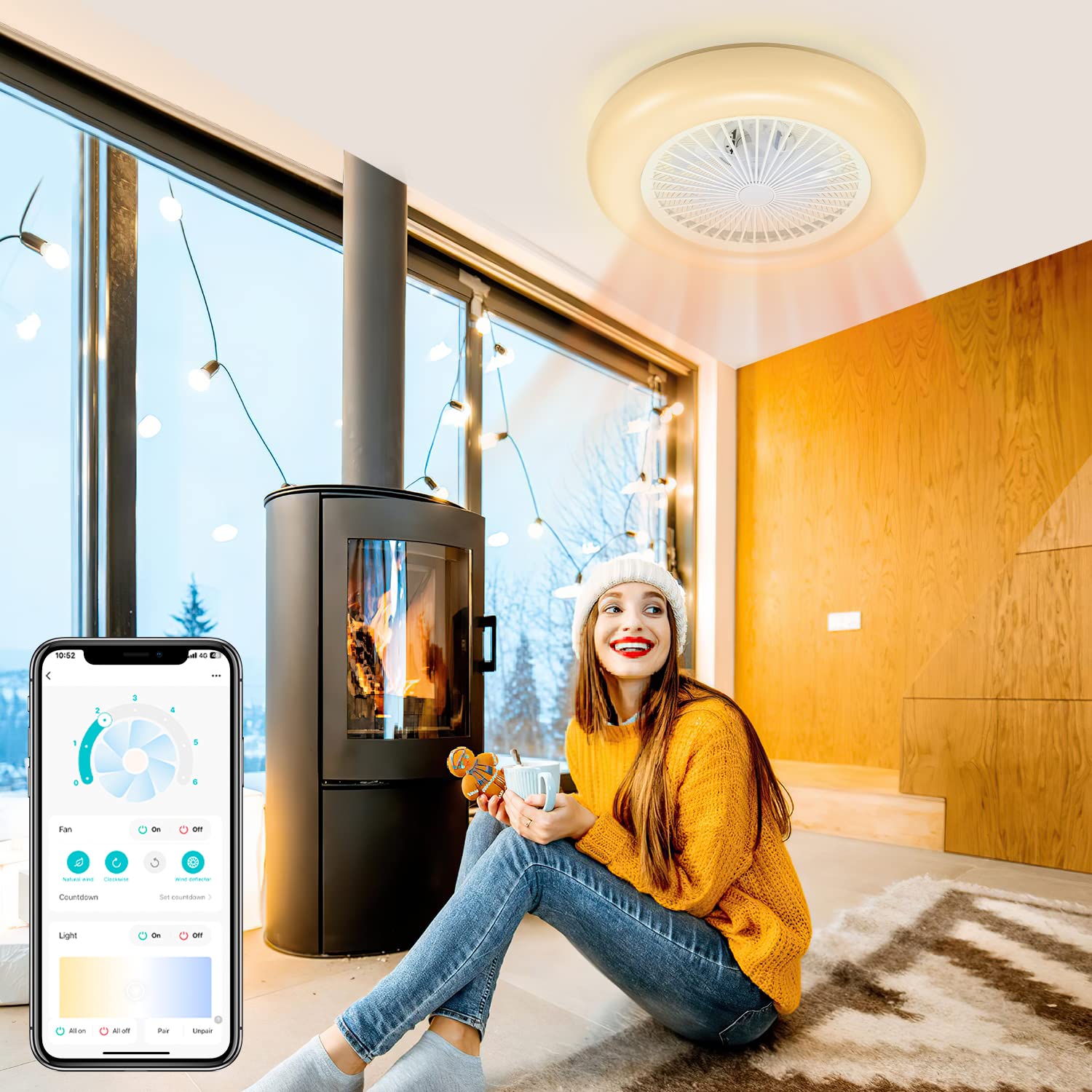 Daromigo 80W Ventilatore da soffitto con luce telecomando e APP, Modalità Estiva e Invernale, Dimmerabile LED Plafoniere mit 6 Velocità Della, 3 Light Color Change und Timer