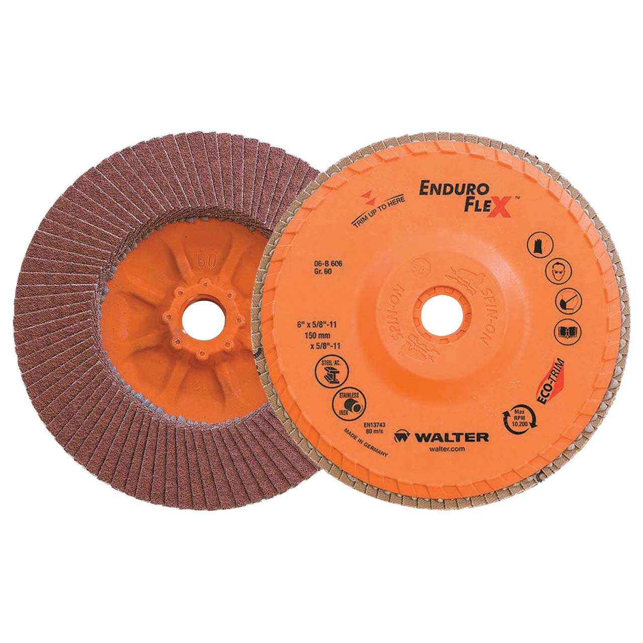 Walter 06B606 6x5/8-11 Enduro-Flex Spin-On Flap Discs with Eco-Trim Backing 60 Grit Type 27S, 10 Pack