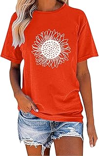 Camiseta de verano para mujer, diseño de girasoles, color blanco, con estampado, manga corta, algodón, cuello redondo, básico, informal, camisetas para adolescentes, niñas, holgadas, blusas de verano,