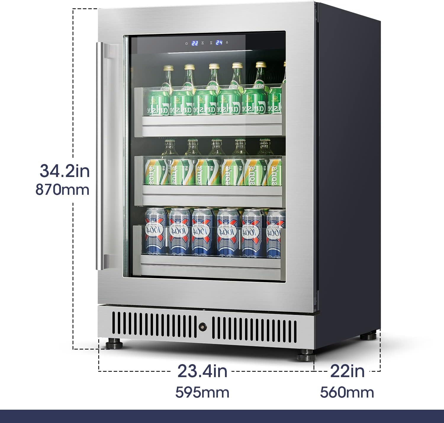 Vesgolden 24" Undercounter Mini Refrigerator Beverage For Home Kitchen Fridge Seamless Built or Freestanding Hidden Hinged Glass Door Freezer Great for soda, beer, wine and juice coolers.