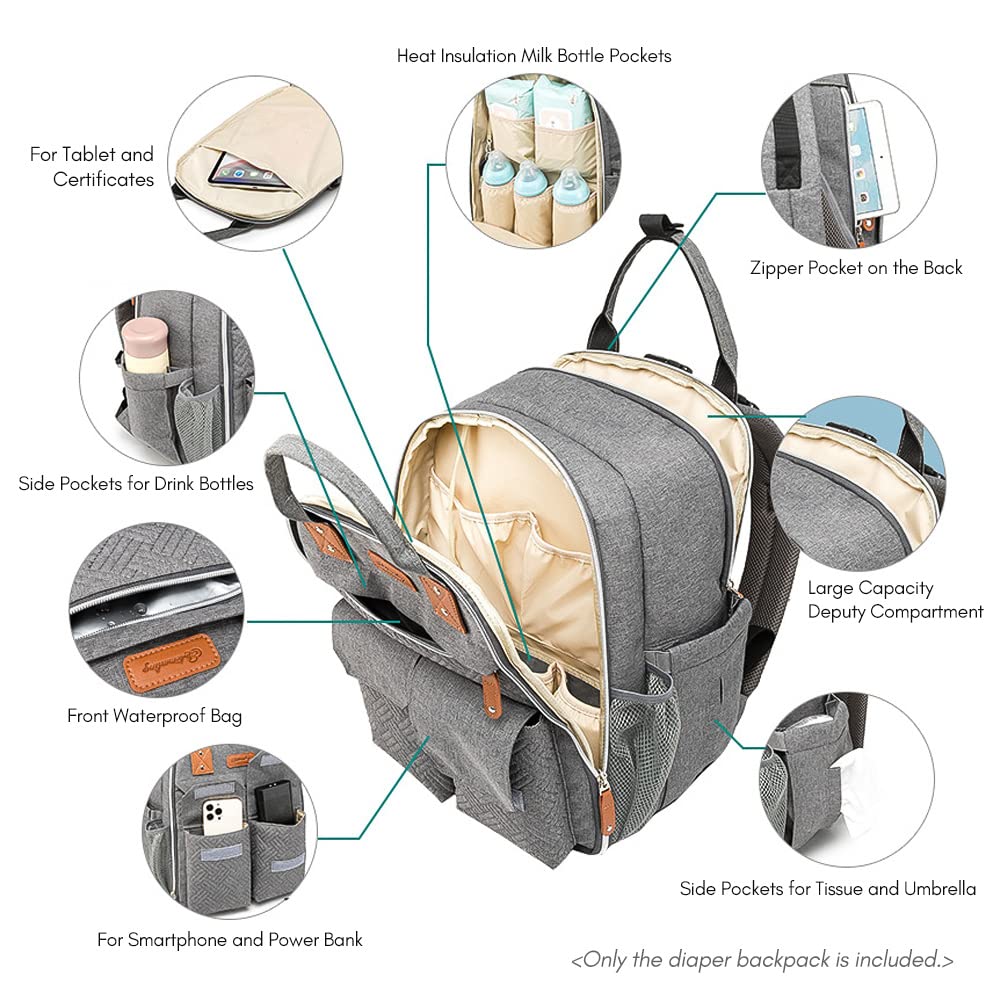 Zaino multifunzionale per pannolini per bambini a grande capacità di grande capacità con cinturino per passeggino per il bambino essenziale materno per viaggi di viaggio 28l