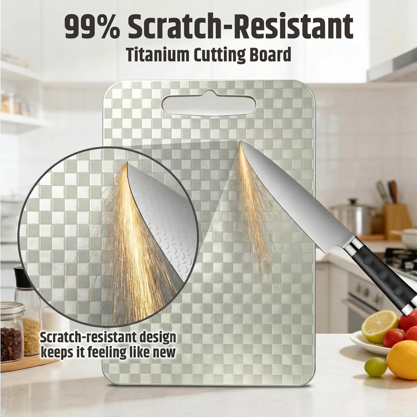 100% Reines Titan Schneidebrett 3er-Set, Beidseitig Nutzbar Kariertes Muster, Lebensmittelechte Küchenbretter Spülmaschinenfest, Metall Charcuterie Schneidunterlage für Fleisch Obst Käse Gemüse(S,M,L)