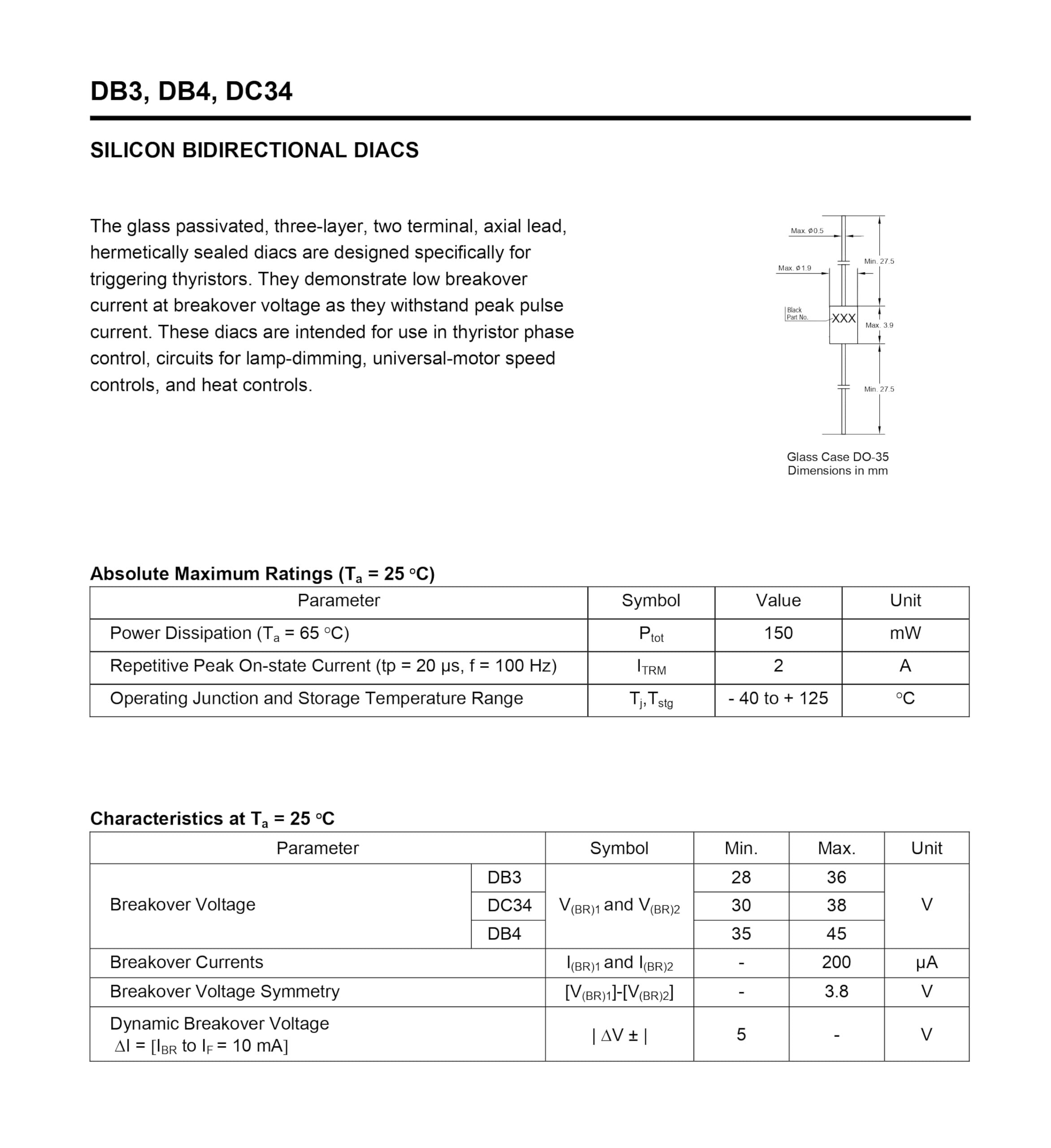 (Confezione da 100) DB3 DO-35 32V 2A 150mW Diodi di innesco bidirezionali al silicio Diac