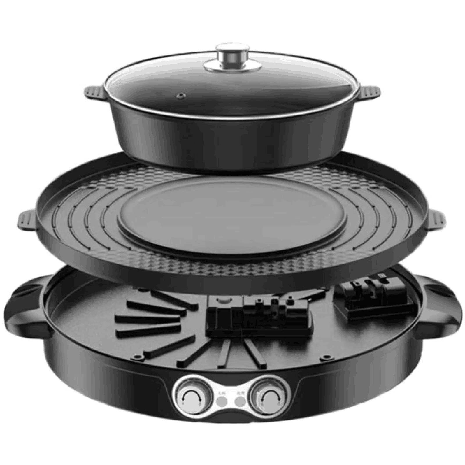 Elektryczny grill Hot Pot 2200 W z podwójnie dzieloną patelnią, regulator temperatury do fondue, steków, powłoka nieprzywierająca, idealny do ogrodu, na balkon, kemping, dla rodziny i na imprezy