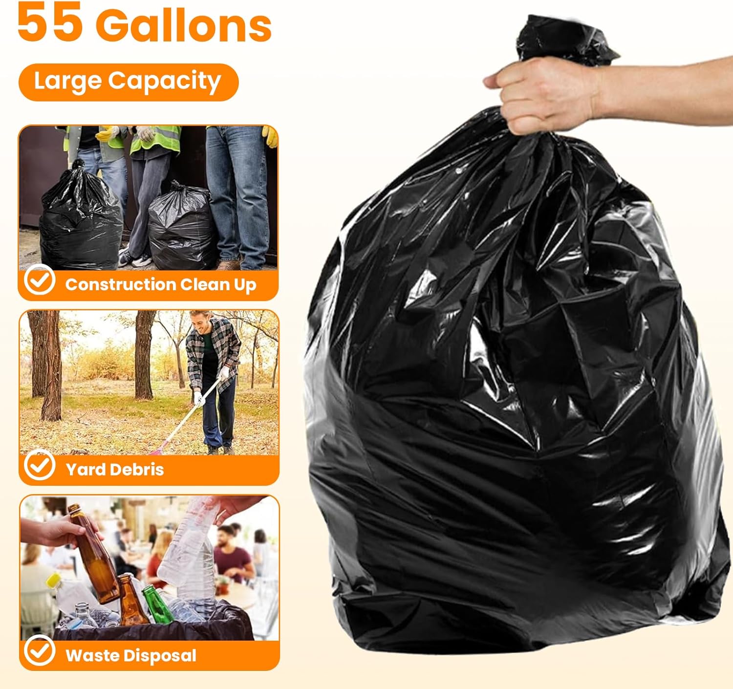 55 Gallon Trash Bags, 1.5 Mil Heavy Duty Black Garbage Bags, 50 Count Large Commercial Can Liners for Contractors, Waste, Lawn & Leaf