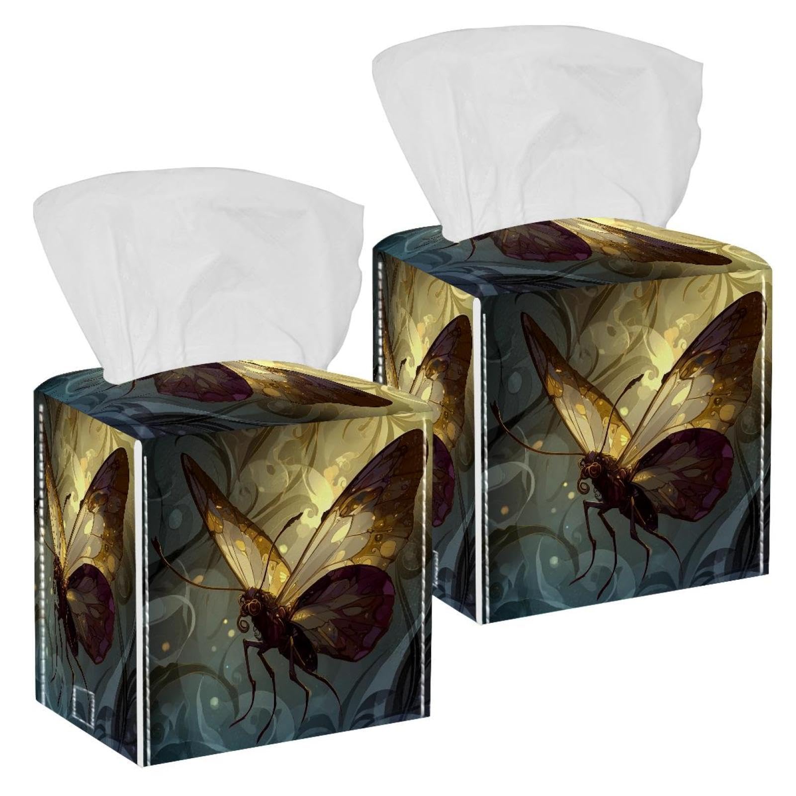 Butterfly Tissue Box Cover, 2 Pack PU Leather Square Facial Tissue Dispenser Box holder for Home Office Car