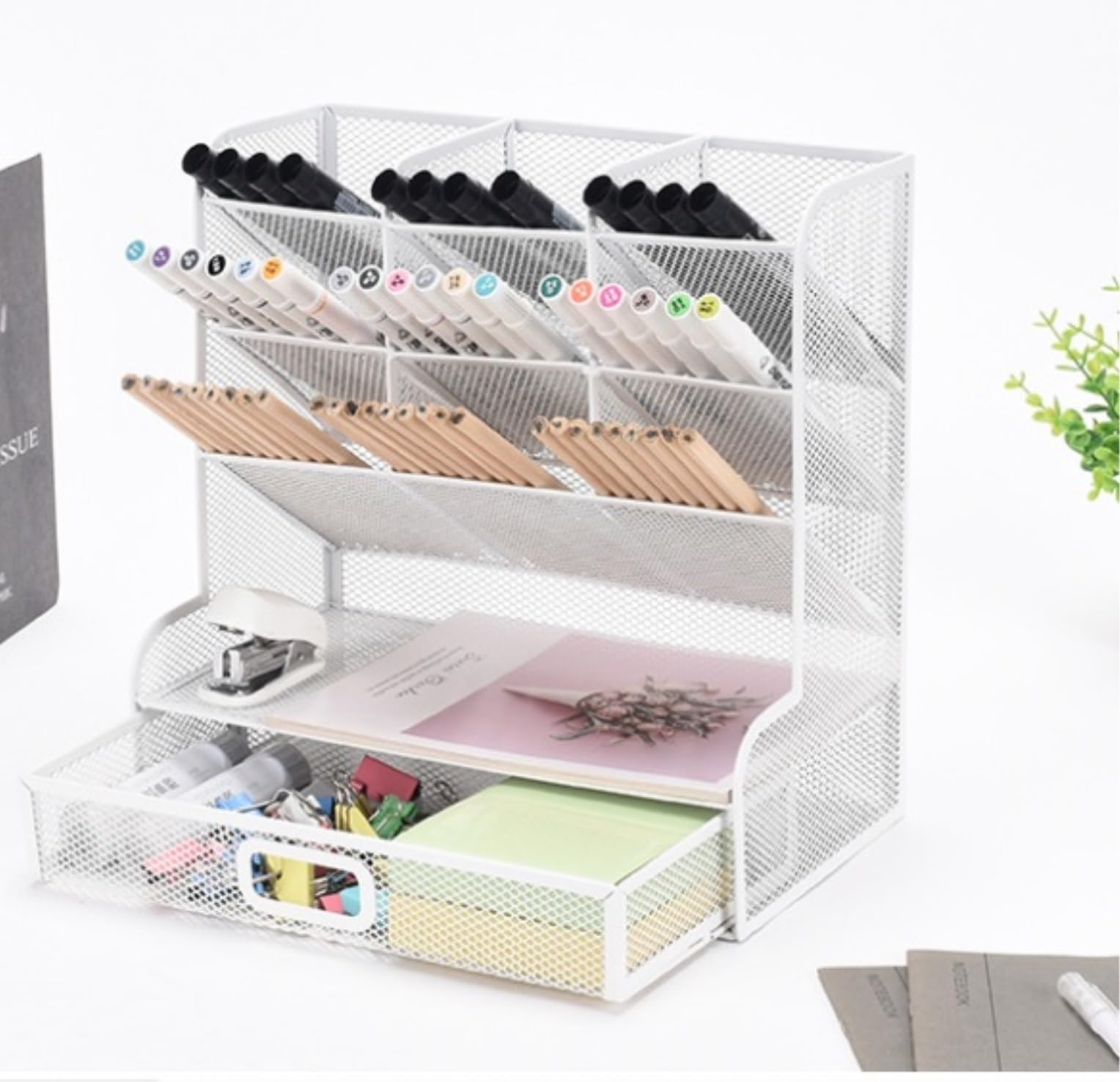 Organizer na biurko z metalowej siatki szufladą | Wielokolorowy 27*27*15 cm Do biura: Siatkowe biurko z szufladą(White)