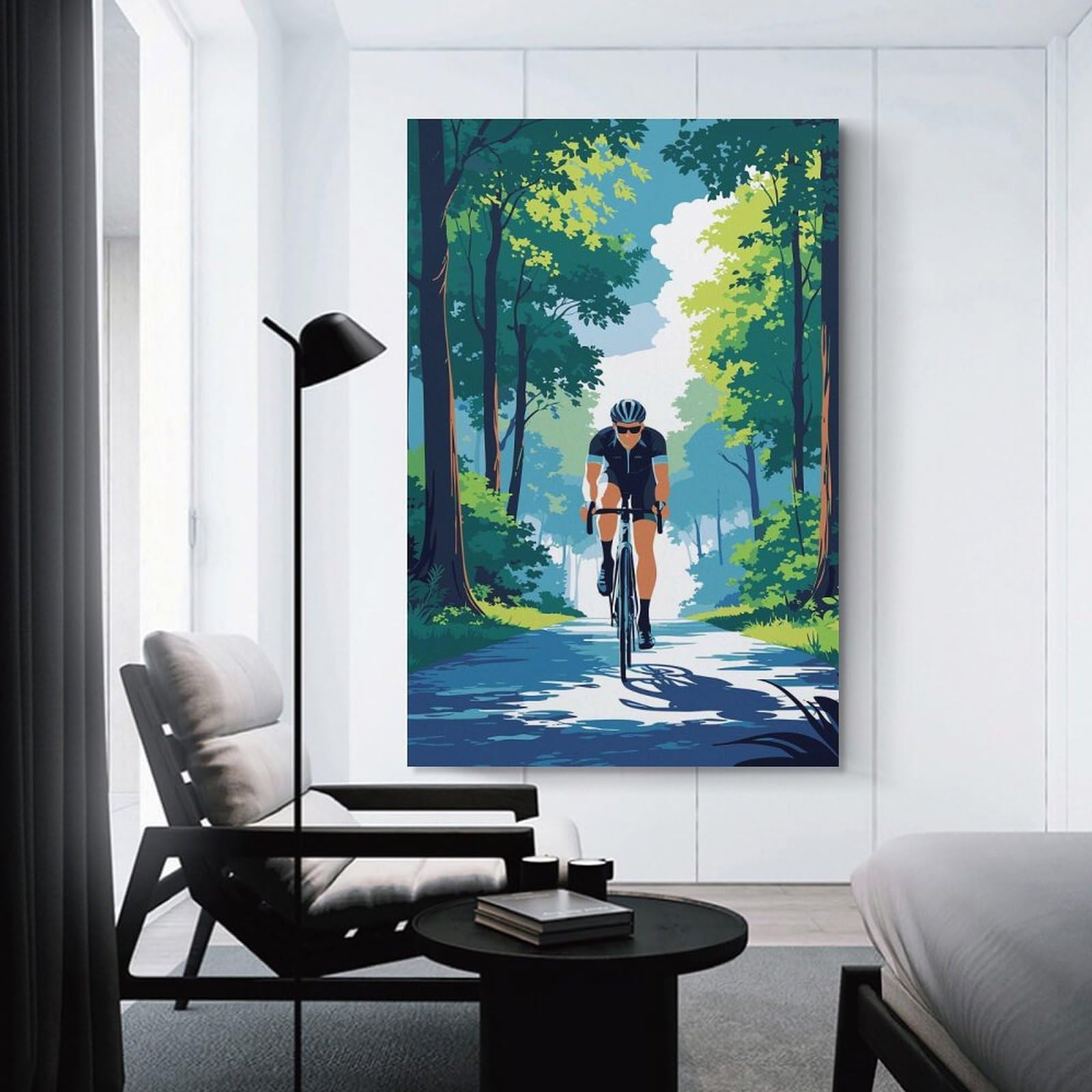 Junmoney Canvas Wall Decor Cyclist in Forest Illustration, 24x36inch(60x90cm), for Living Room, Bedroom, Office Or Hallway, Stylish Home Artwork for Focal Walls