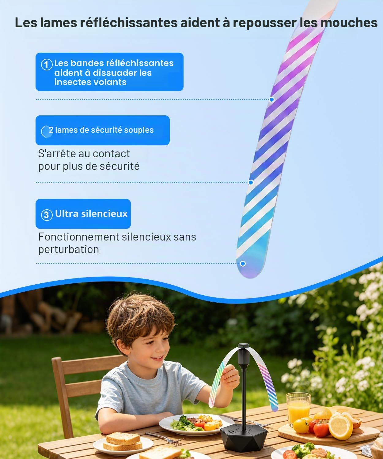 Ventilateur Mouche Table 6 Pièces, Anti Mouche Ventilateur avec Bandes Réfléchissantes, Repousse Mouche de Table pour Barbecue, Jardin et Terrasse, Fonctionnement sur Piles, Anti Mouches