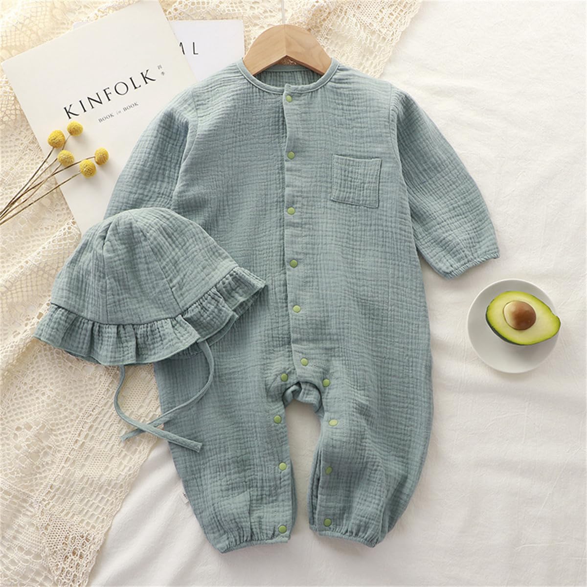 Neugeborenen Baby Jungen Mädchen Baumwolle Leinen Strampler Sommer Musselin Langarm Bodys Kleinkind Einteiliger Jumpsuit Overall mit Beanie Hut Baby Onesie Outfit 0-24 Monate