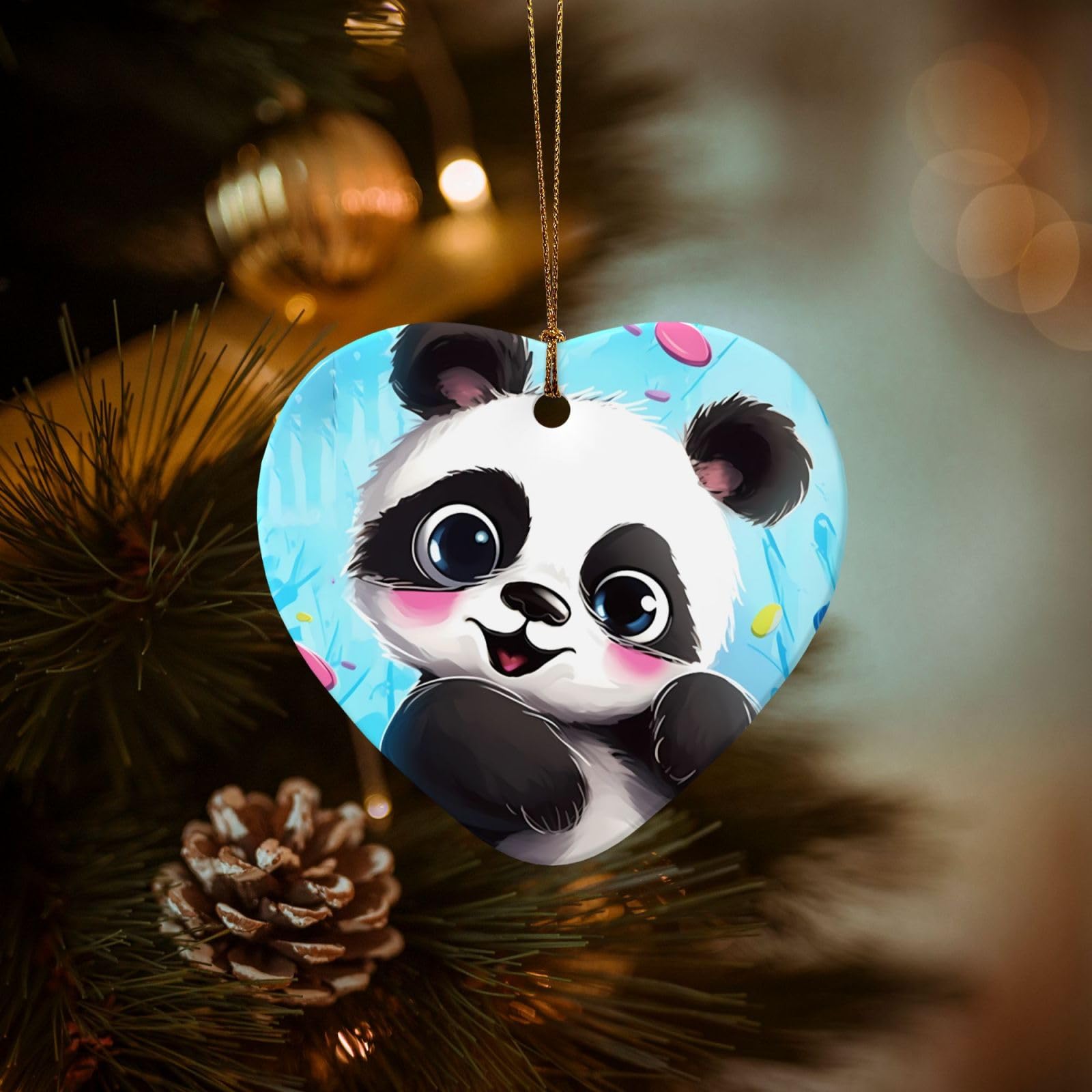 Christmas Tree Ornaments Ceramics Christmas Decorations Cute Panda Ornaments with Gold Ribbon Porcelain Xmas Tree Crafts Heart Shape Hanging Pendant for Christmas Tree Party Decor