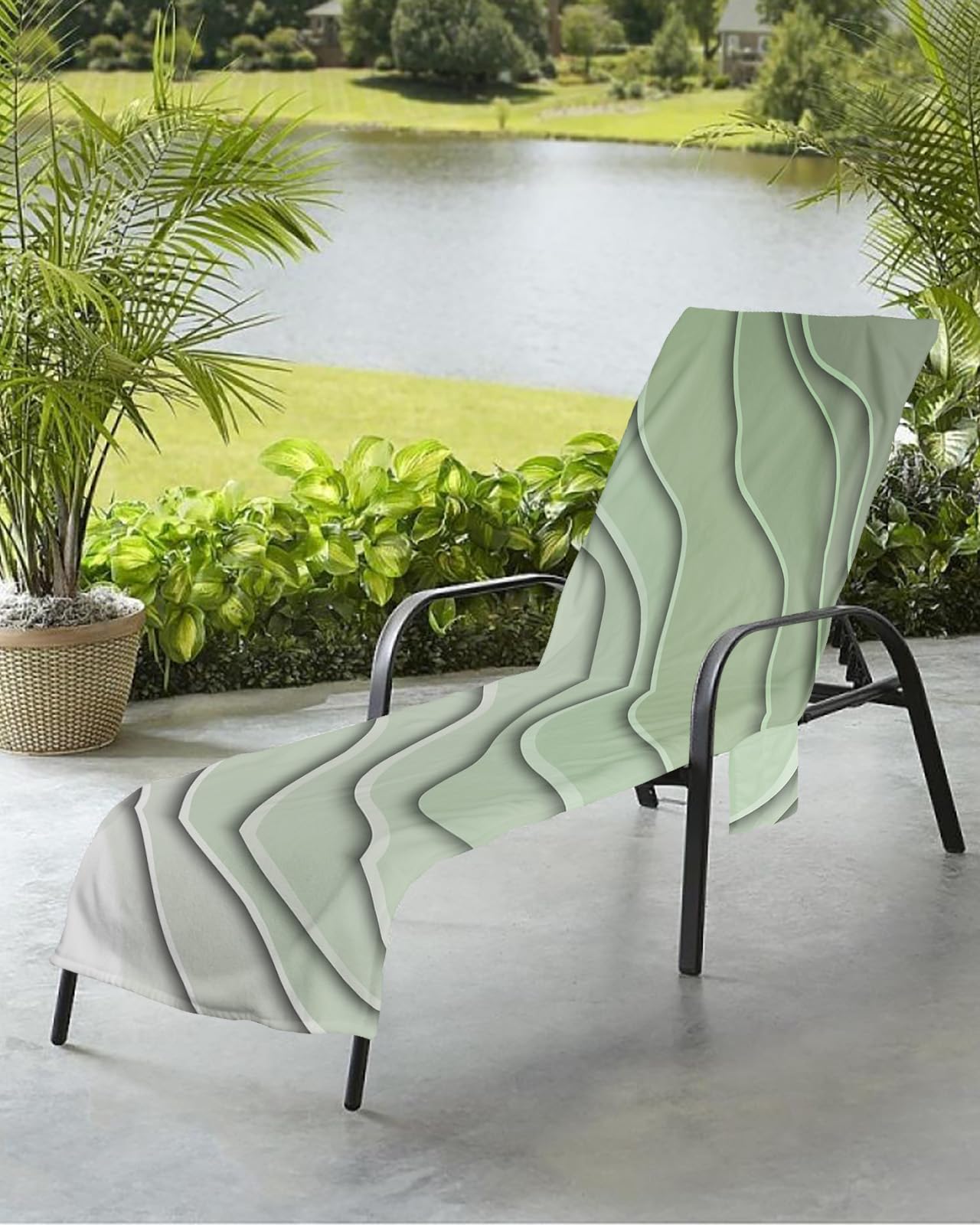 Geometric Sage Green Beach Chair Towel Covers for Chaise Lounge with Side Pocket, Soft Plush Pool Towels Cover for Patio Sunbathing Outdoor 29''x85'' Gradient Contemporary Stripes