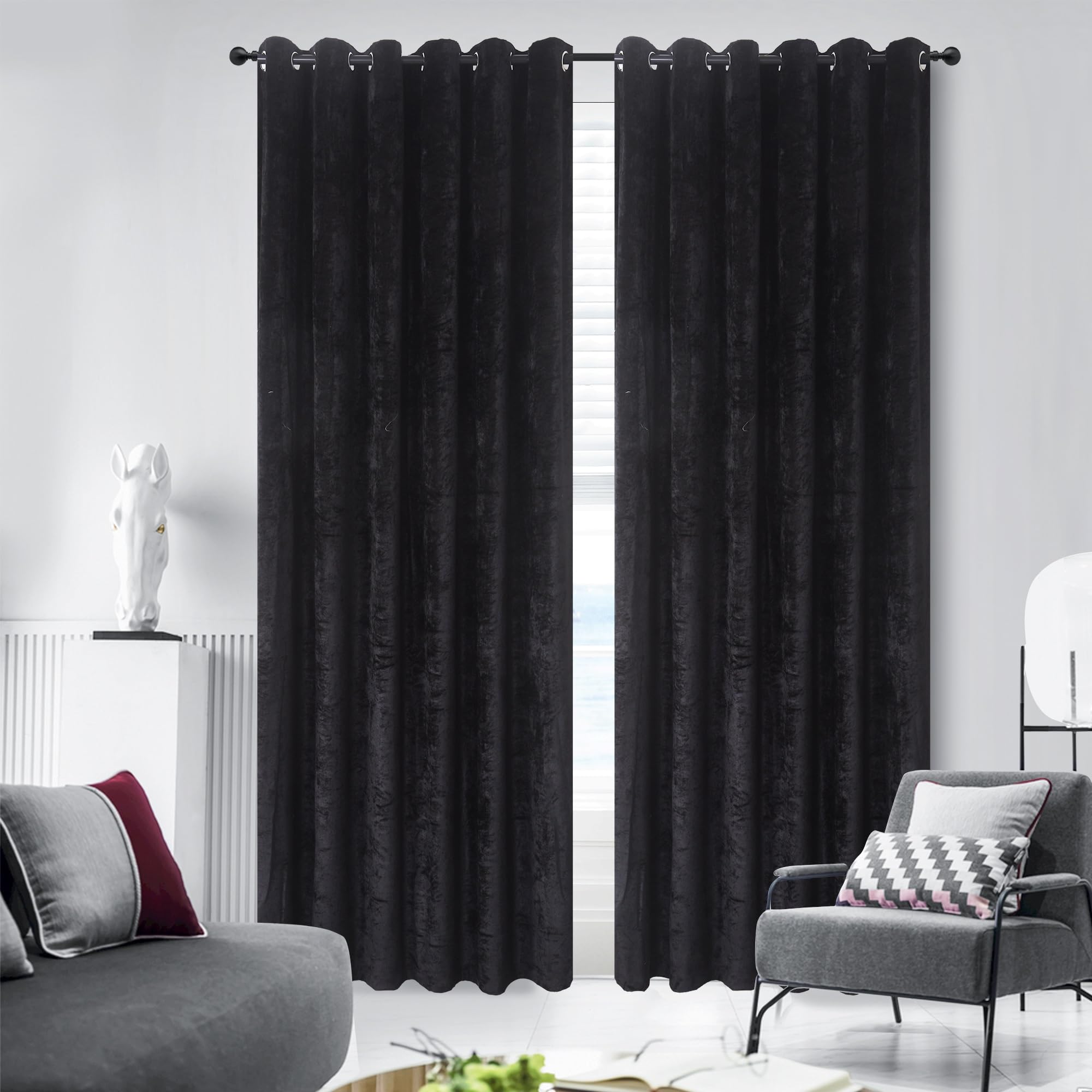 WEAVERS: Pair of Fully Lined Crushed Velvet Curtains. 4cm Metal Ring Top to Easily install curtains with Rods. Ideal for Winter and Summer. Color – Black Size - 46" wide x 90" drop (117 x 228cm) — image 1