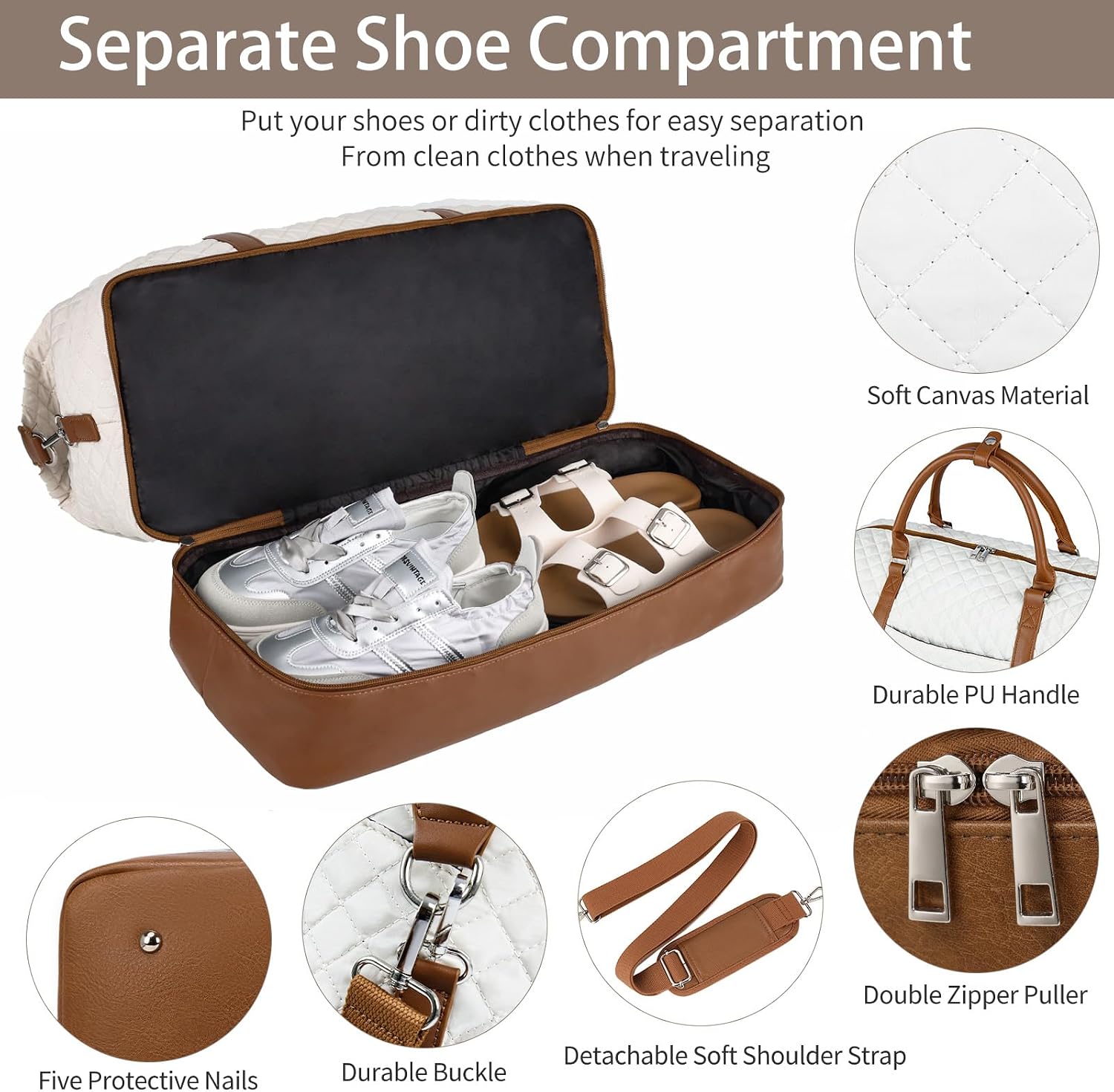 Stuery Travel Bags for Women: 21" Large Weekender Bags for Women with Shoe Compartment, Overnight Duffel Tote for Carry on Weekend Travel Business Trip Airplane Traveling, Gym (White Brown)