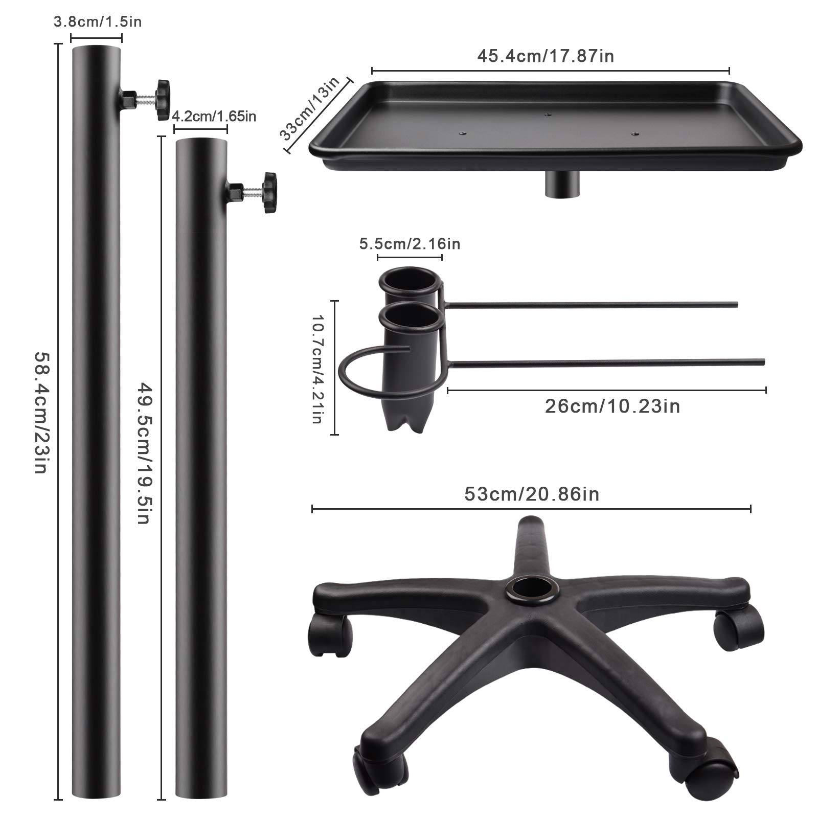Kalolary Salon Trolleys Barber Trolley Verstellbare Höhe, Aluminiumwagen Beauty Trolley mit Scrollrad, Professioneller Schönheitssalon Tray Cart Tool Holder (Schwarz)