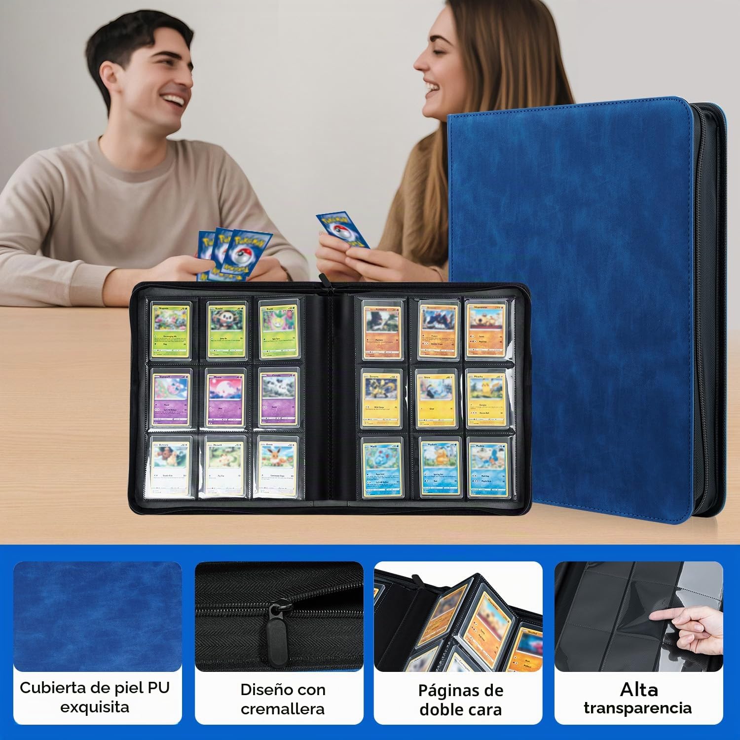 Álbum Toploader Cartas Coleccionables 216 Compartimentos - Carpeta Binder TCG MTG con 10 Fundas 35PT - Archivador Card Portfolio Cremallera Impermeable Azul