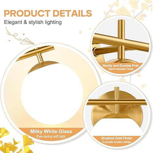 Miniatura 3 de Lámparas de baño de 3 luces, luces doradas cepilladas para baño con pantalla de bola de vidrio blanco lechoso, accesorios de iluminación de baño de