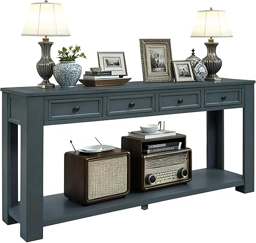 Miniatura 10 de Mesa consola de madera maciza de 63 pulgadas con cajones de almacenamiento y estante inferior, mesa de entrada de granja para pasillo, vestíbulo,