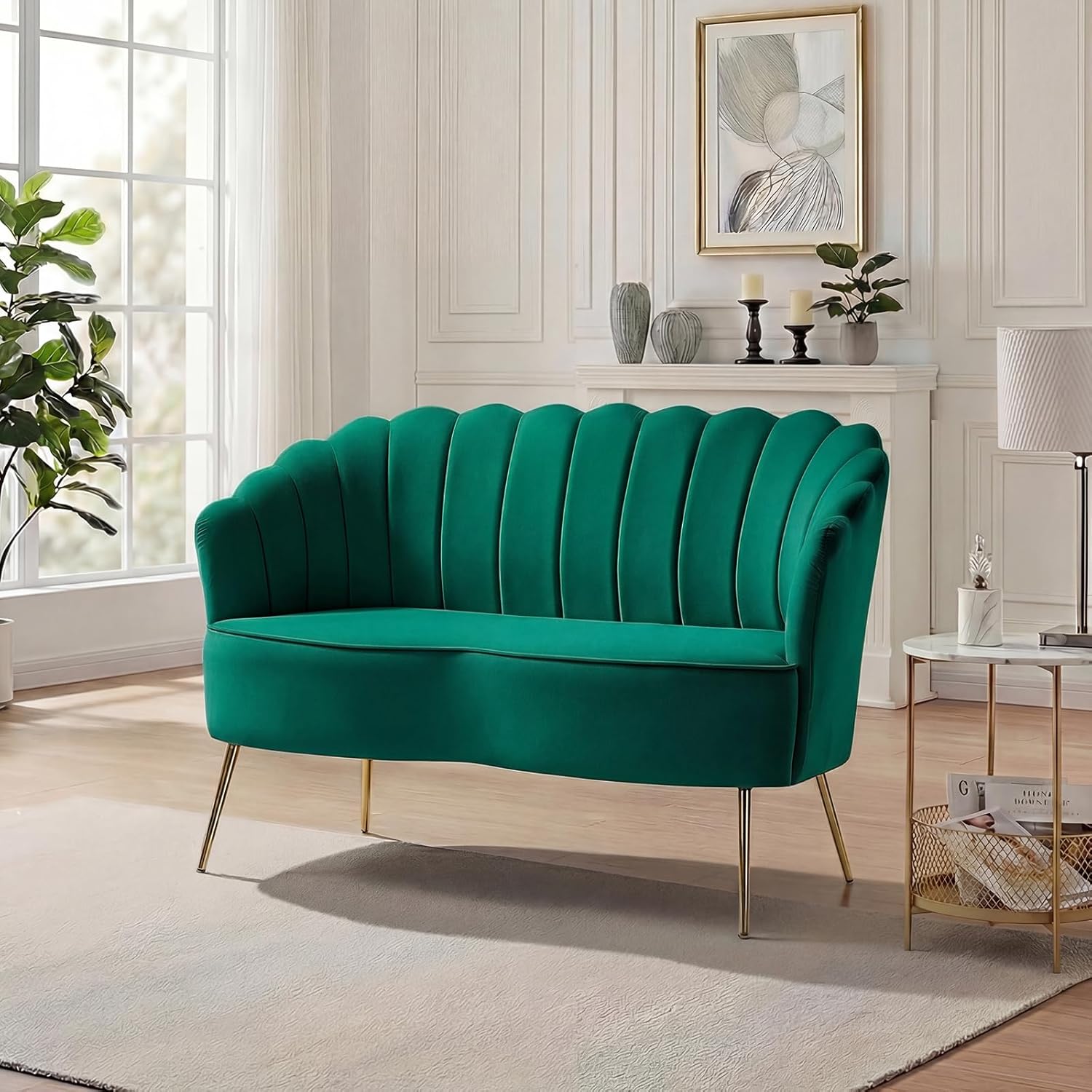 Velvet Upholstered Loveseat Sofa with Gold Metal Legs, Modern Comfy Small Love Seat with Flower Shaped Back, 2-Seater Sofa Accent Couch for Living Bedroom Leisure Areas