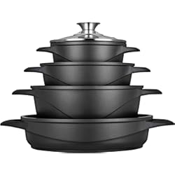 Bateria De Cocina El Volcan Smile MGK17 - Batería de Cocina Inducción 8 piezas, Aluminio Fundido, 4 Ollas, Tapas de Vidrio, Apta para Todo Tipo de Cocinas, libre PFOA