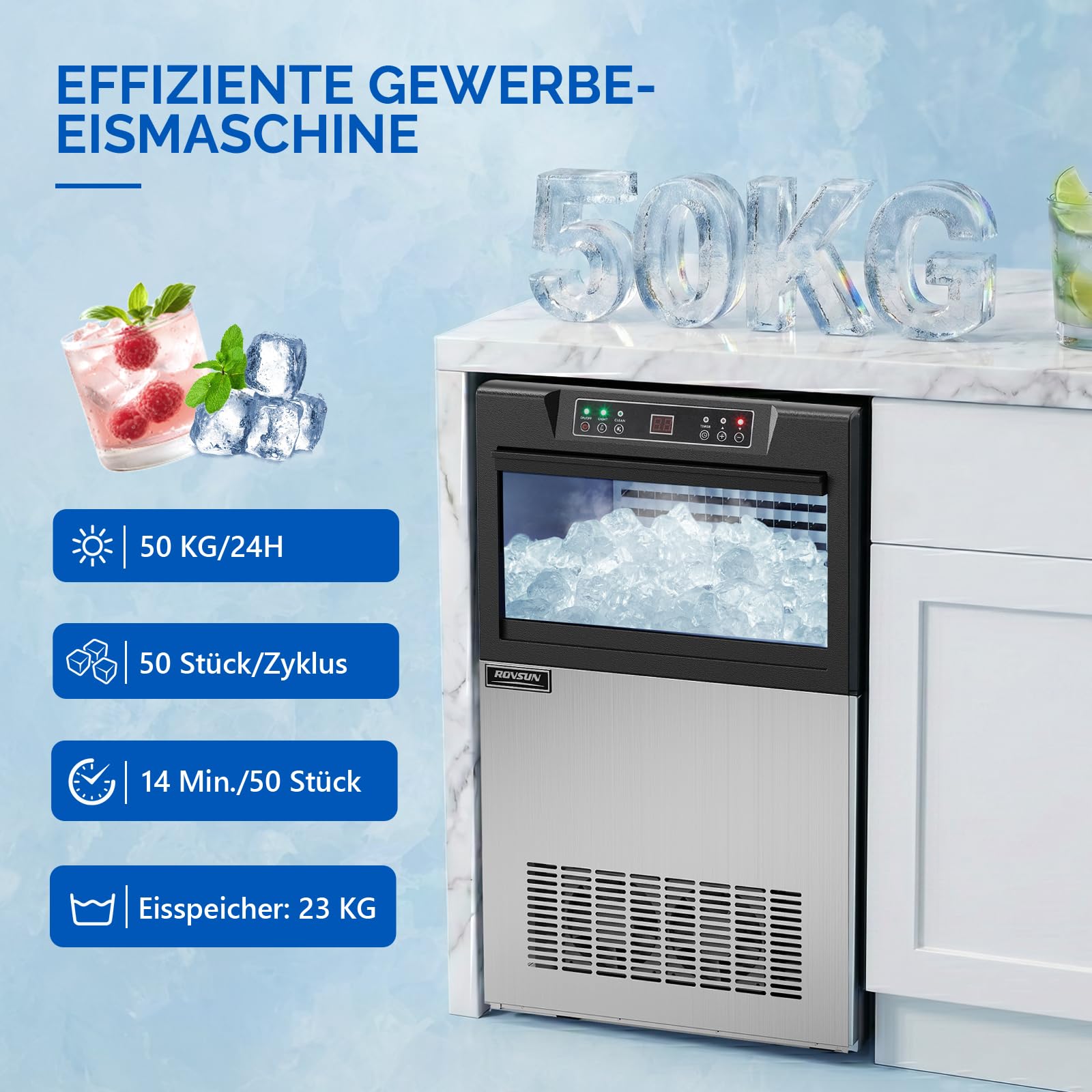 ROVSUN Gewerbliche Eiswürfelmaschine 50 kg/24H Kommerzielle Eismaschine mit Kompressor 50 Stück/14 Min. 23 kg Eislagerkapazität, Eiswürfelbereiter 24H-Timer, LCD-Anzeige, Selbstreinigung